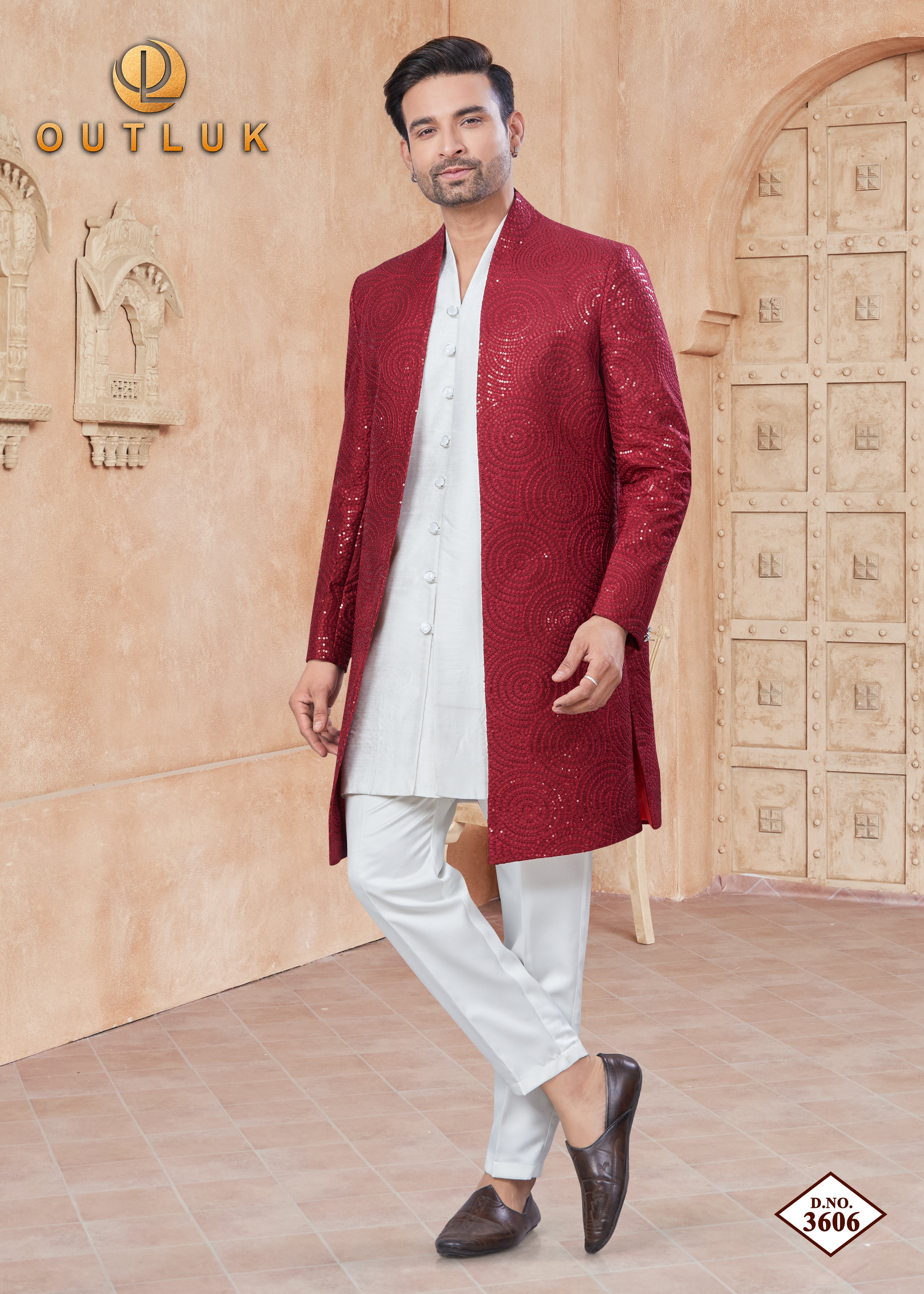 Red Silk Mens Indo Western 3606
