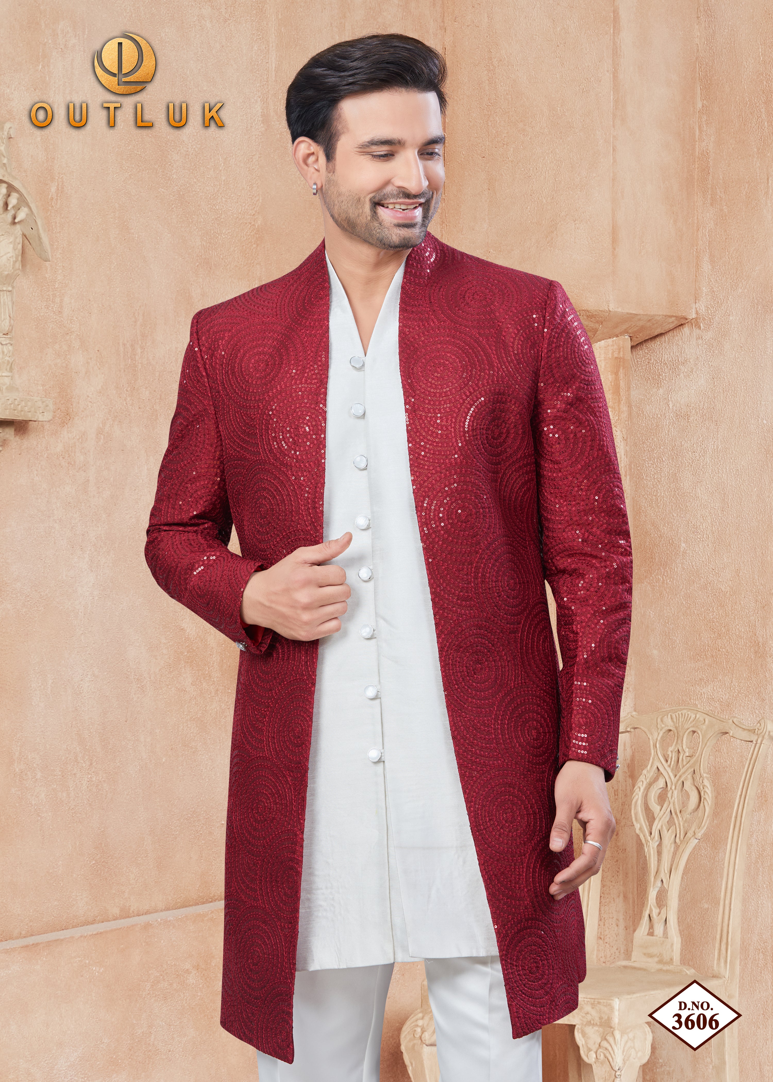 Red Silk Mens Indo Western 3606