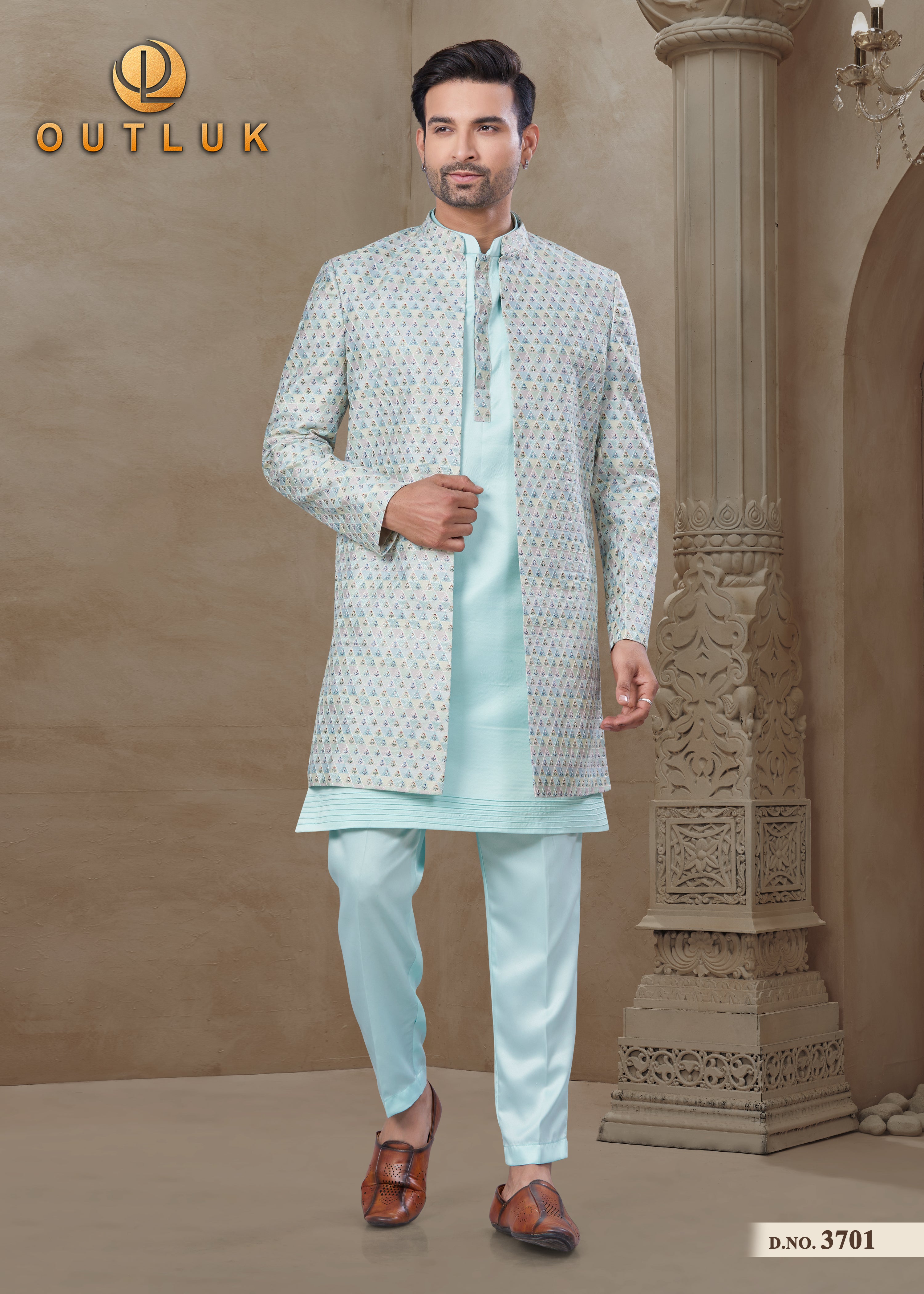 Sea Blue Silk Mens Indo Western 3701