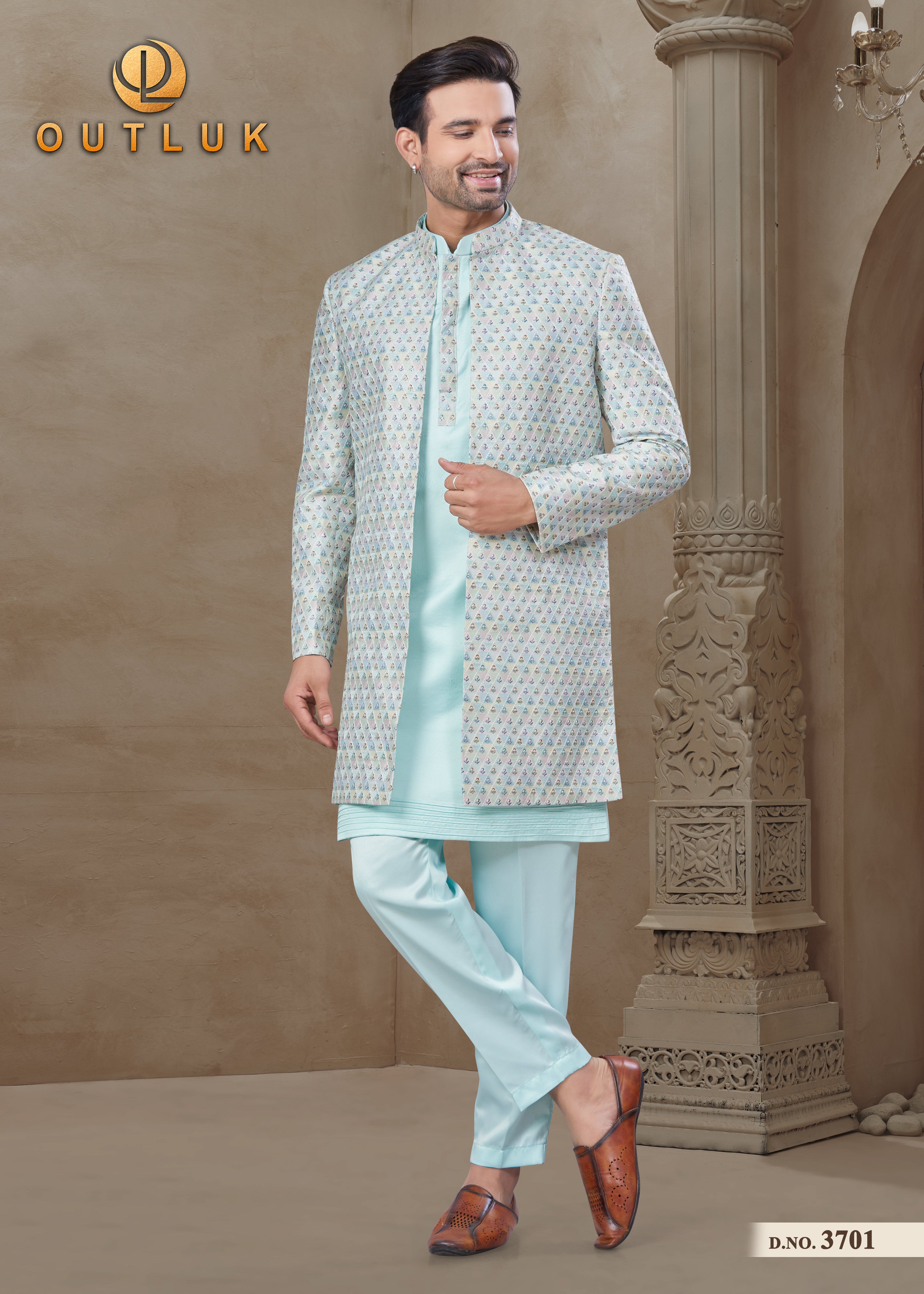 Sea Blue Silk Mens Indo Western 3701