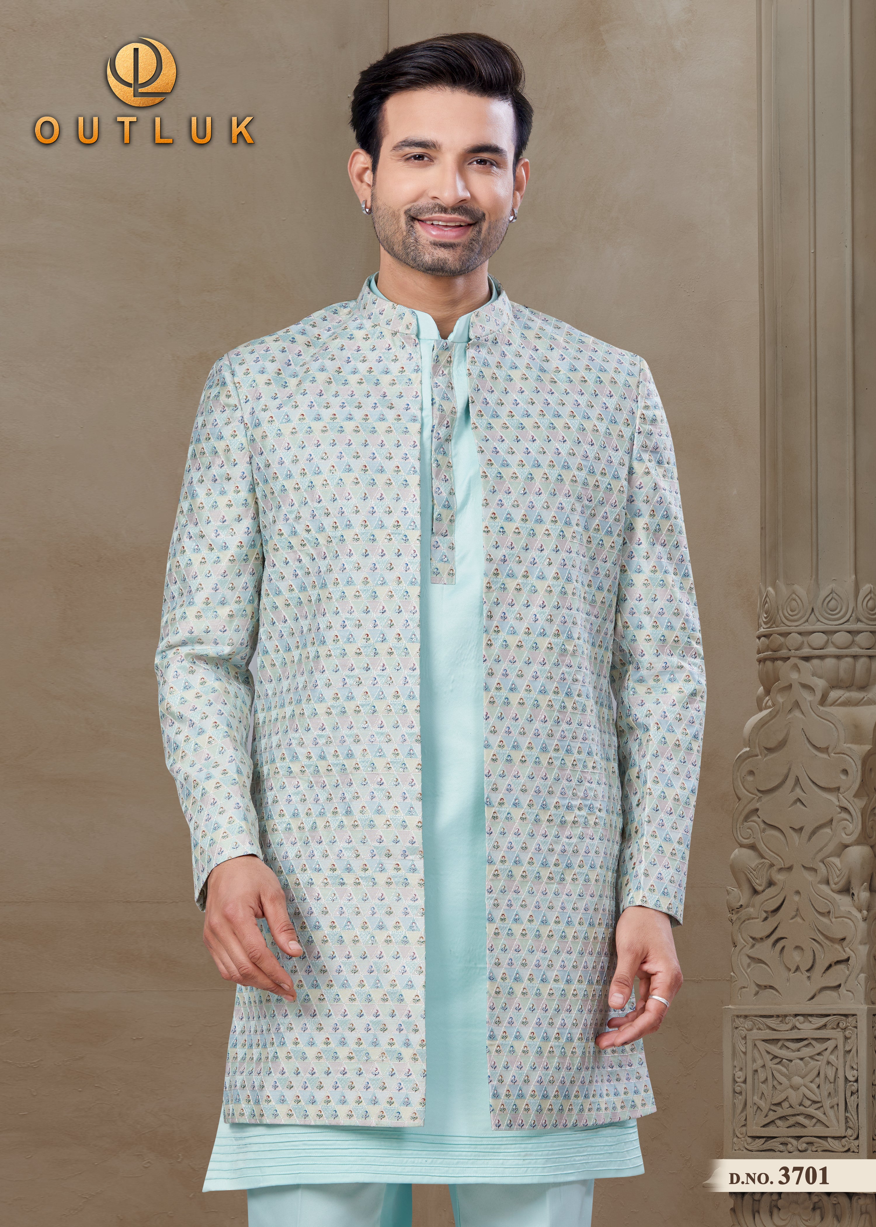 Sea Blue Silk Mens Indo Western 3701