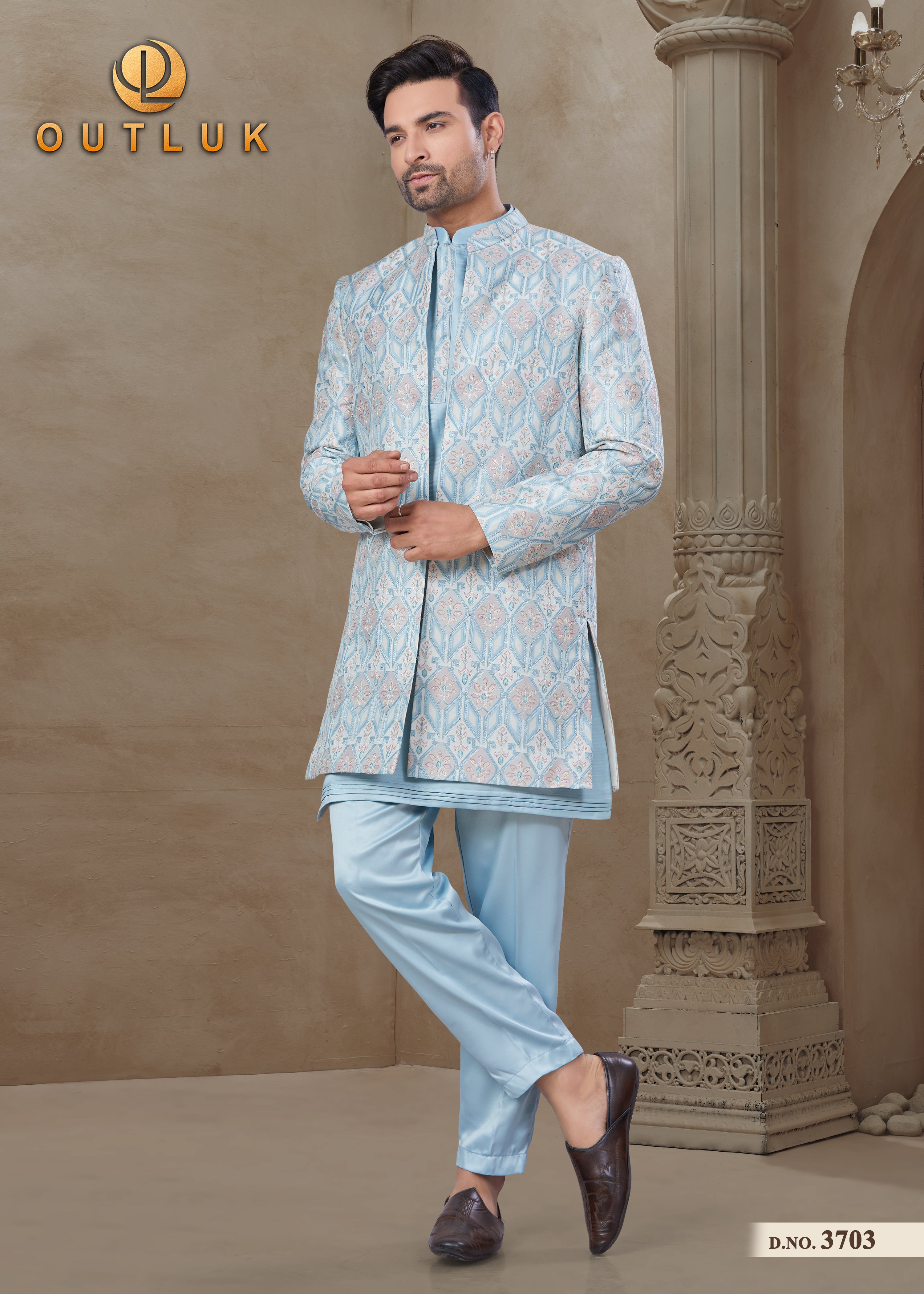 Light Blue Silk Mens Indo Western 3703