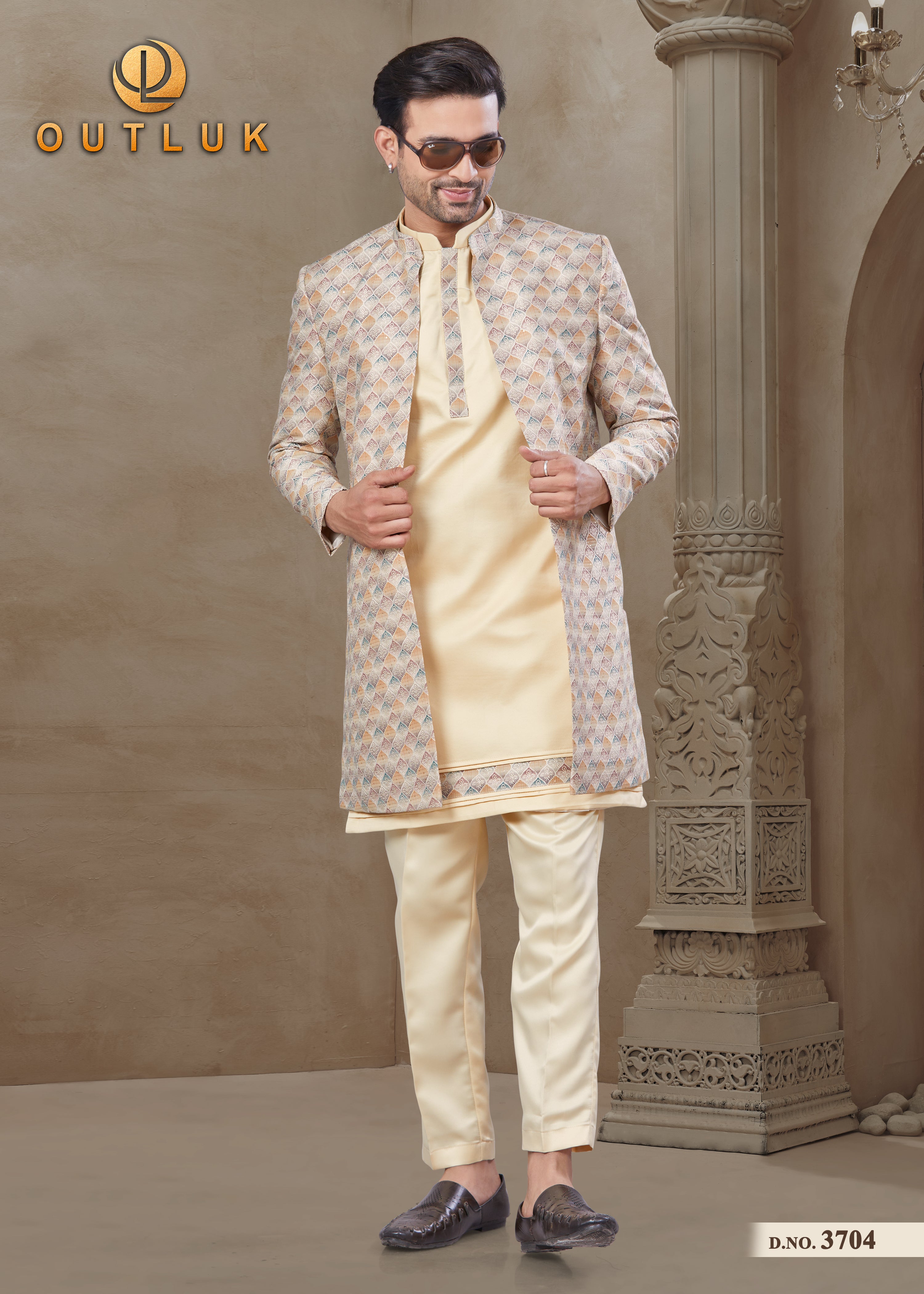 Light Yellow Silk Mens Indo Western 3704.