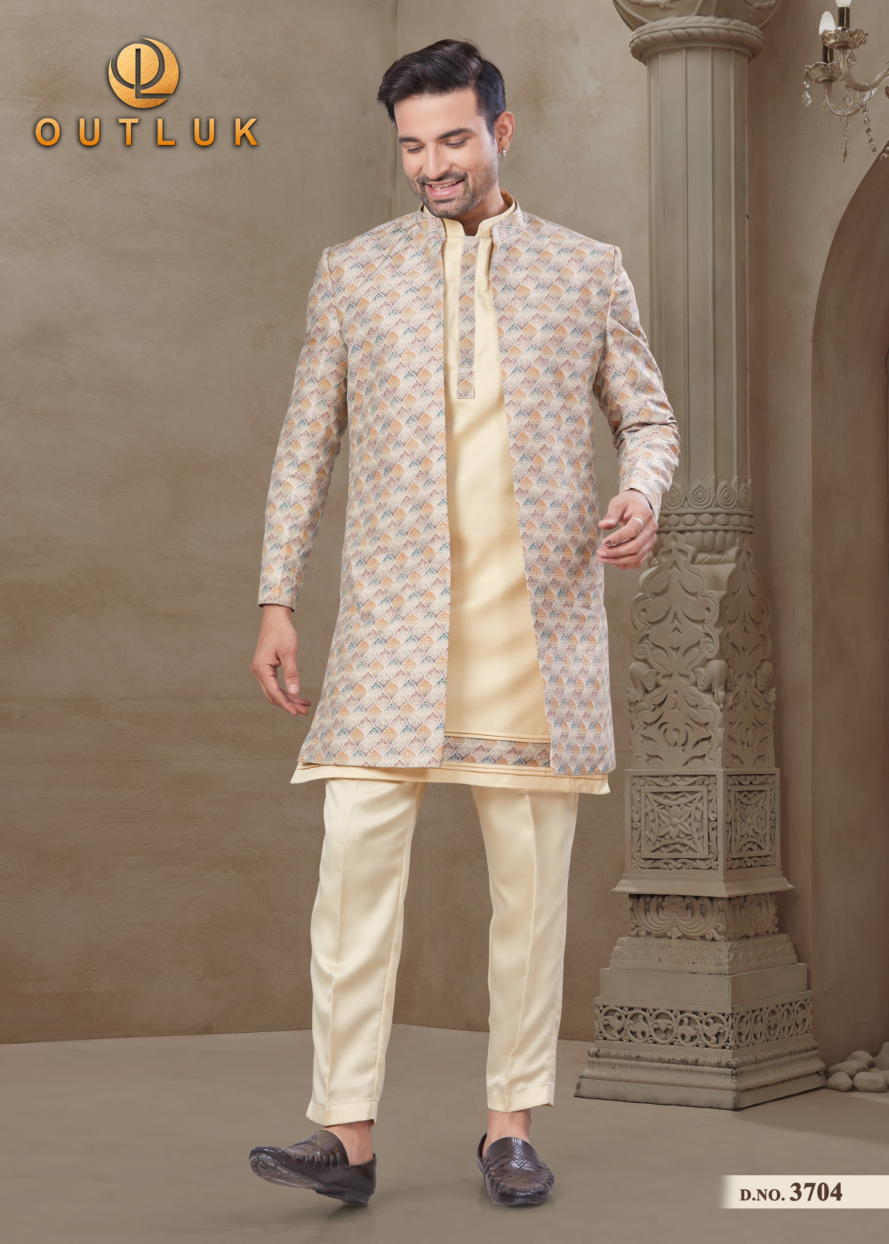 Light Yellow Silk Mens Indo Western 3704.