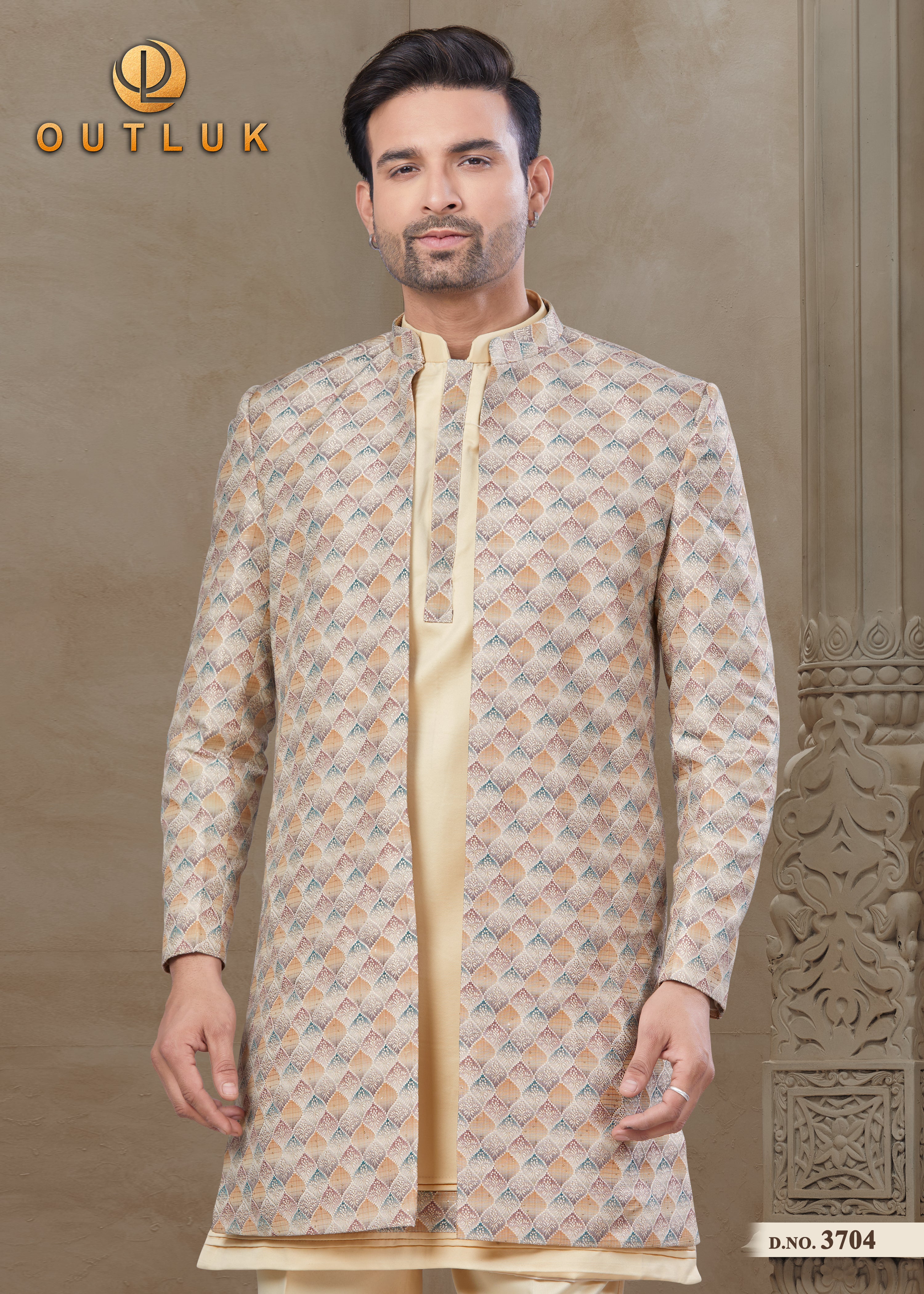 Light Yellow Silk Mens Indo Western 3704.