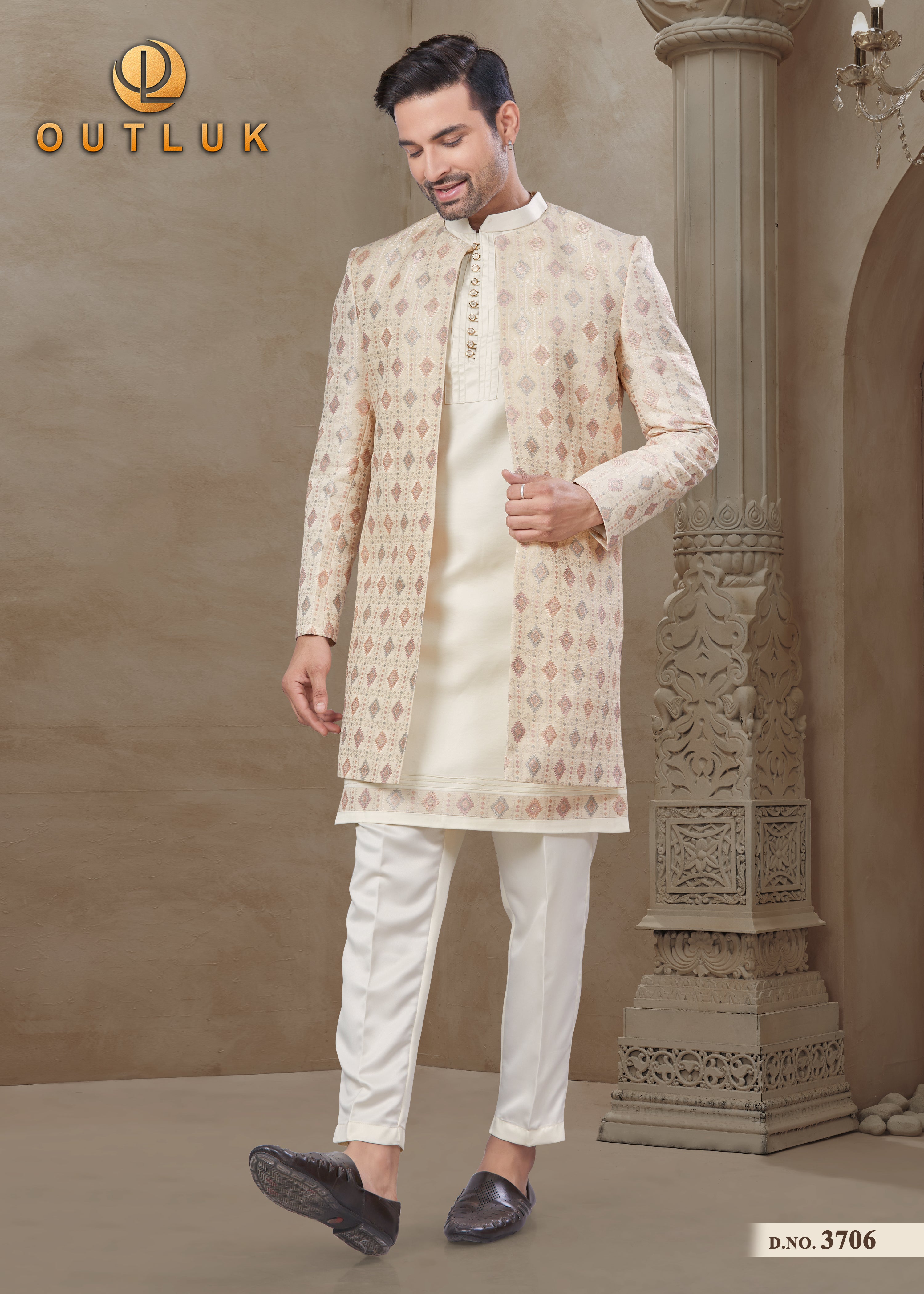 Cream Silk Mens Indo Western 3706