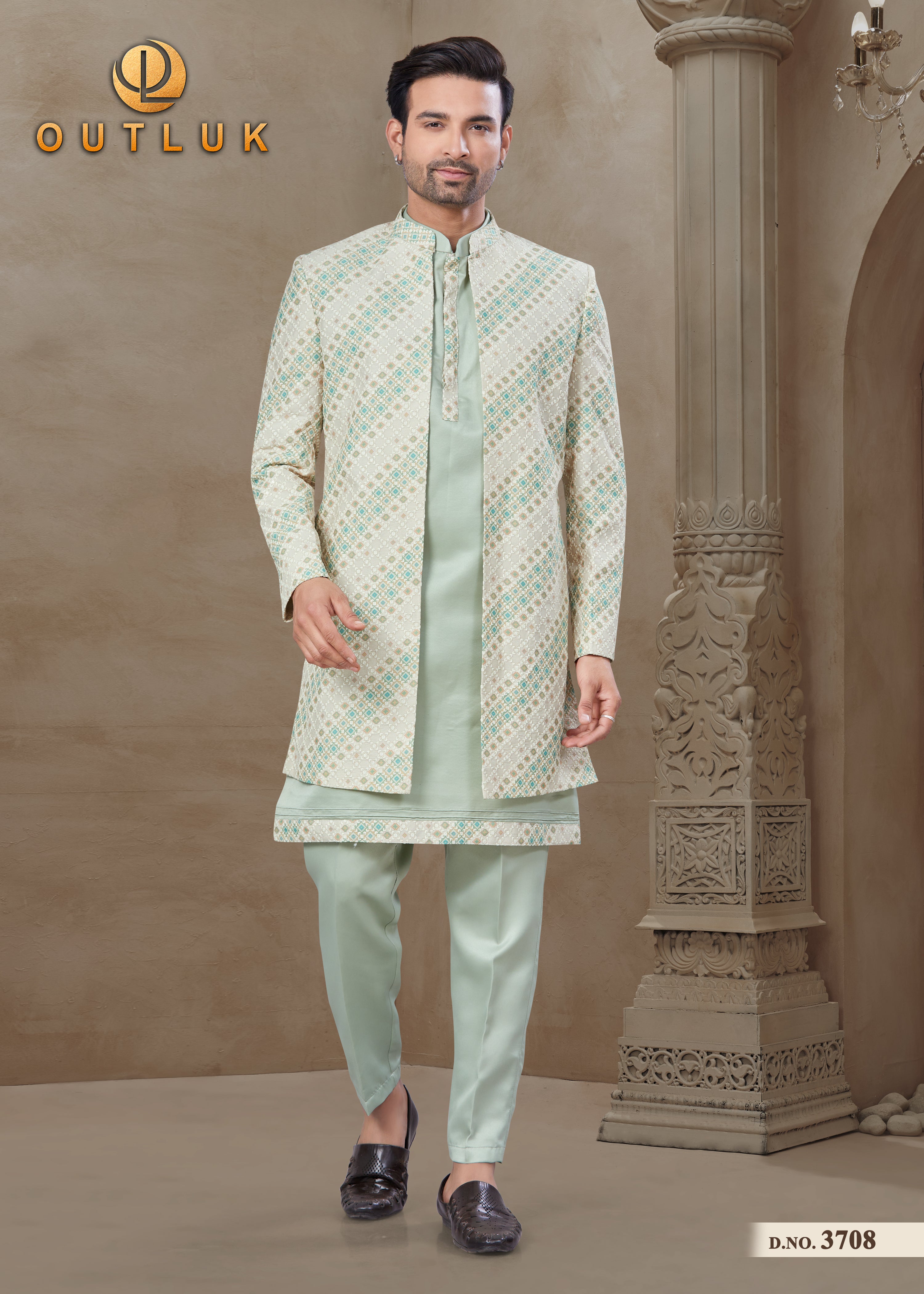 Sea Green Silk Mens Indo Western 3708