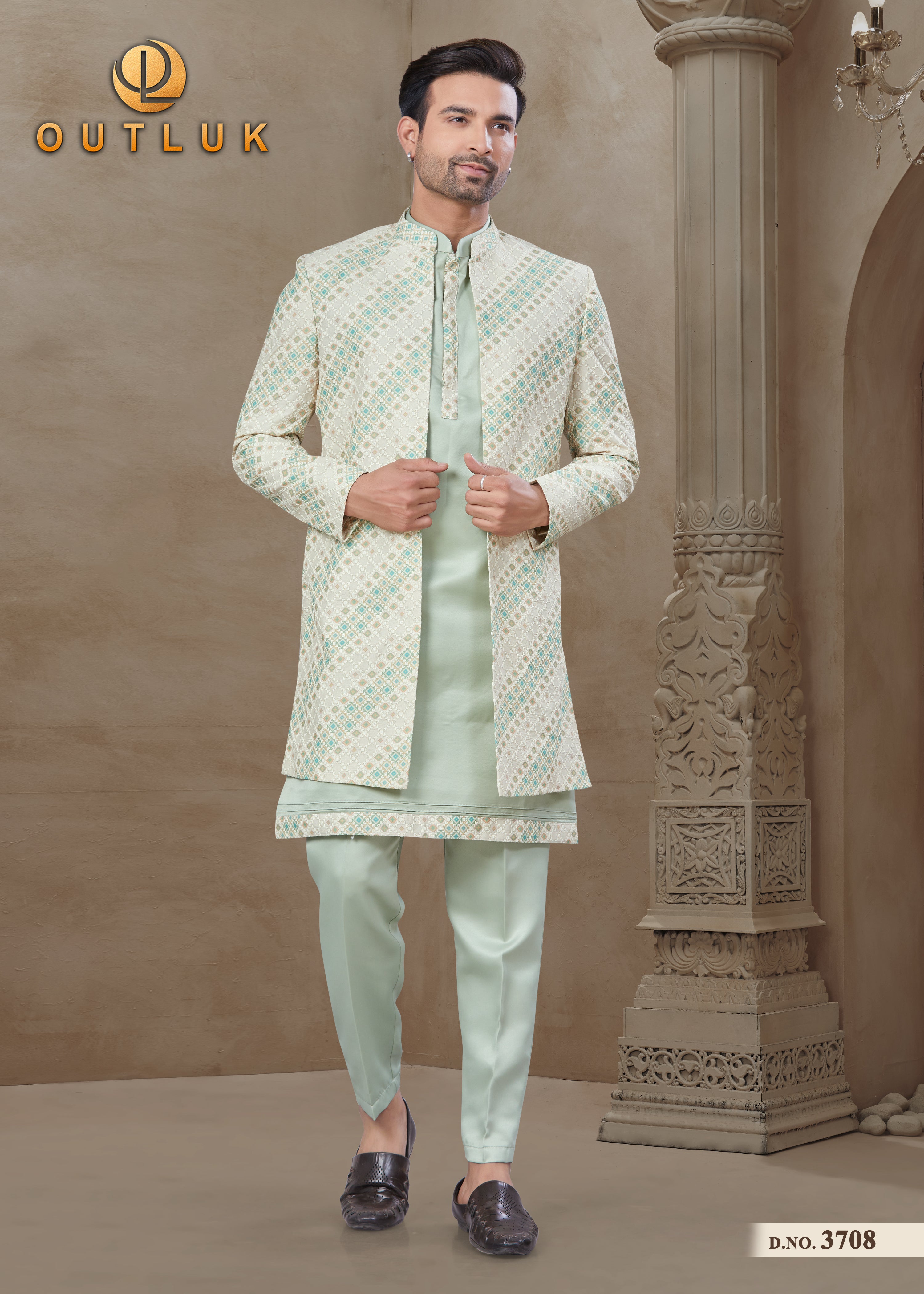 Sea Green Silk Mens Indo Western 3708