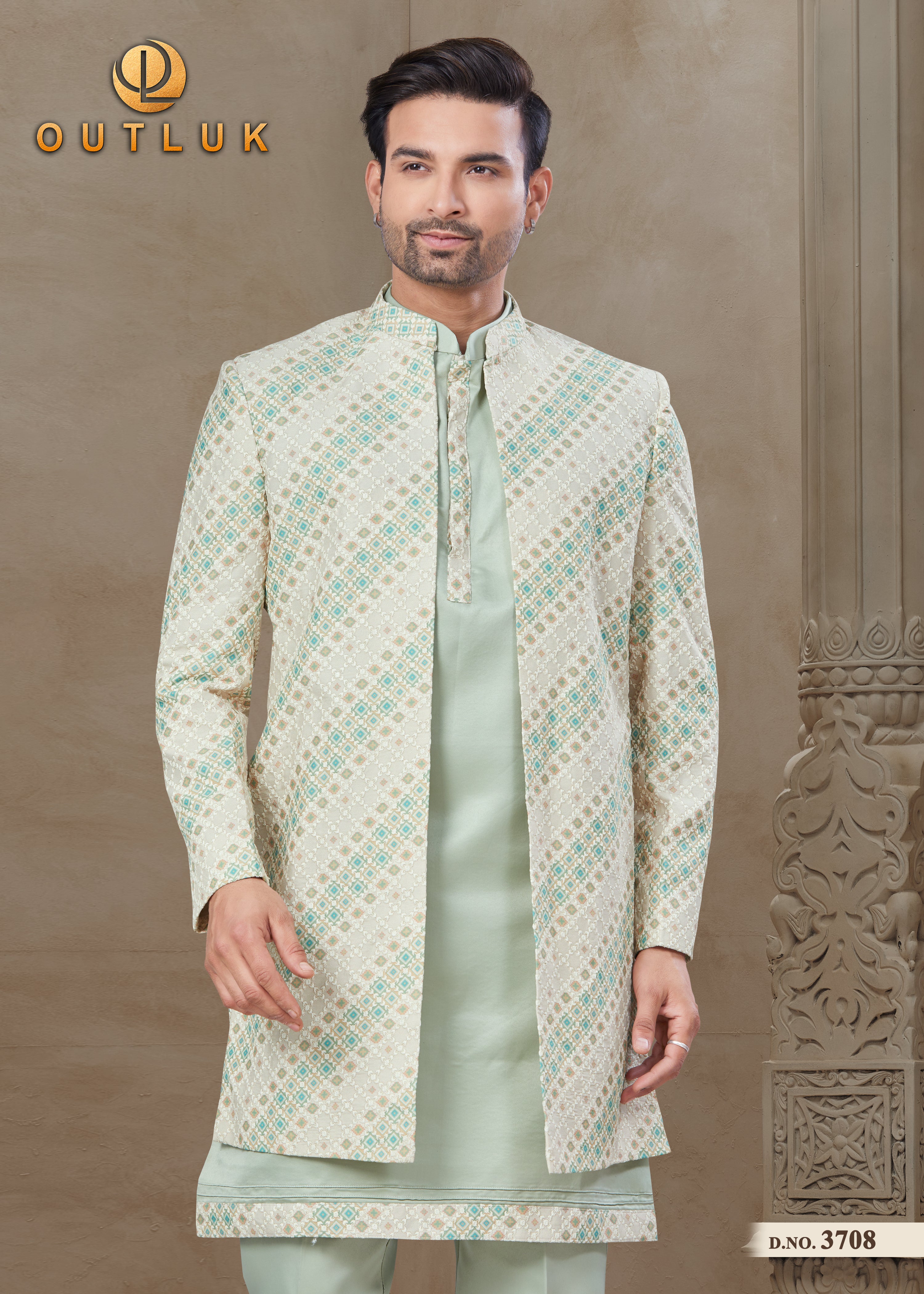 Sea Green Silk Mens Indo Western 3708