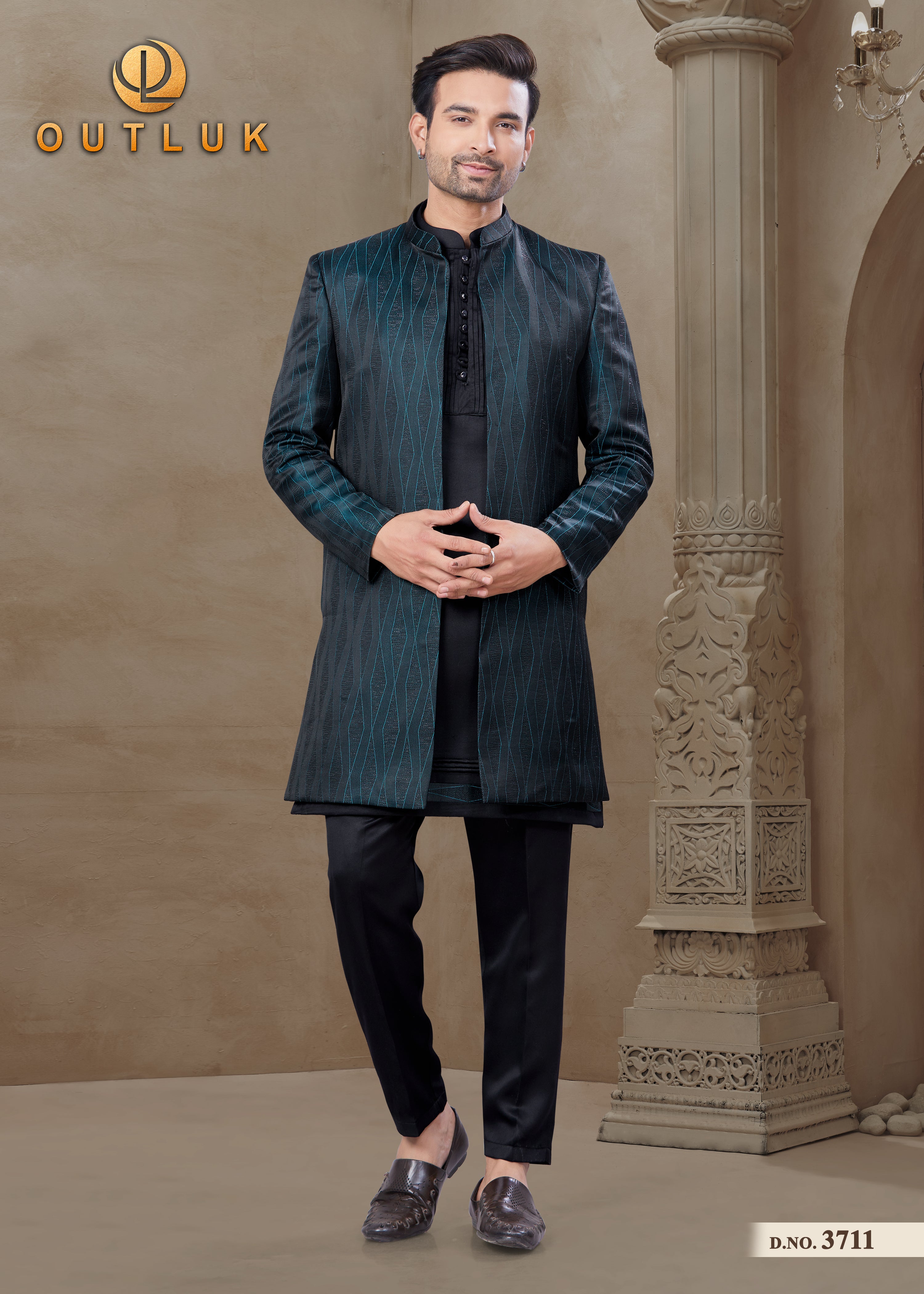 Teal Blue silk mens indo western 3711