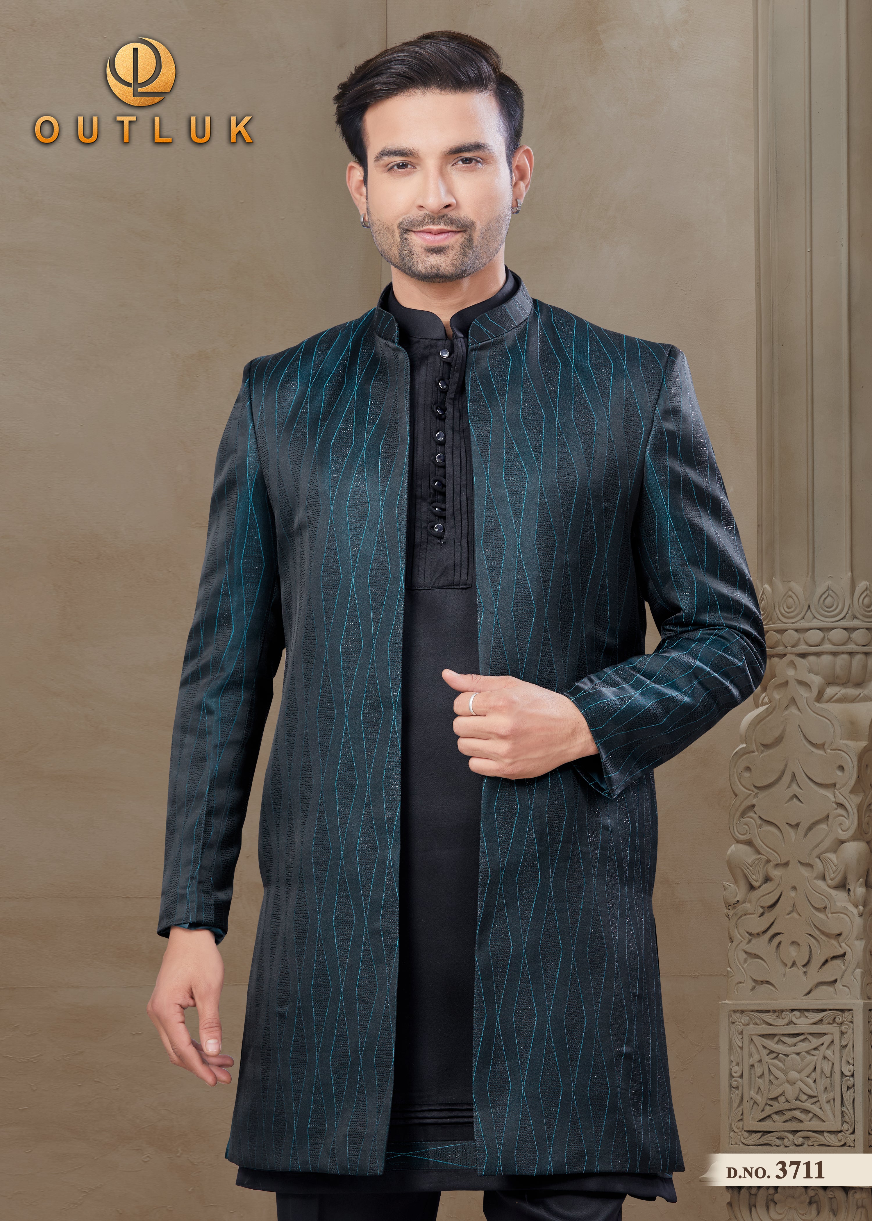 Teal Blue silk mens indo western 3711