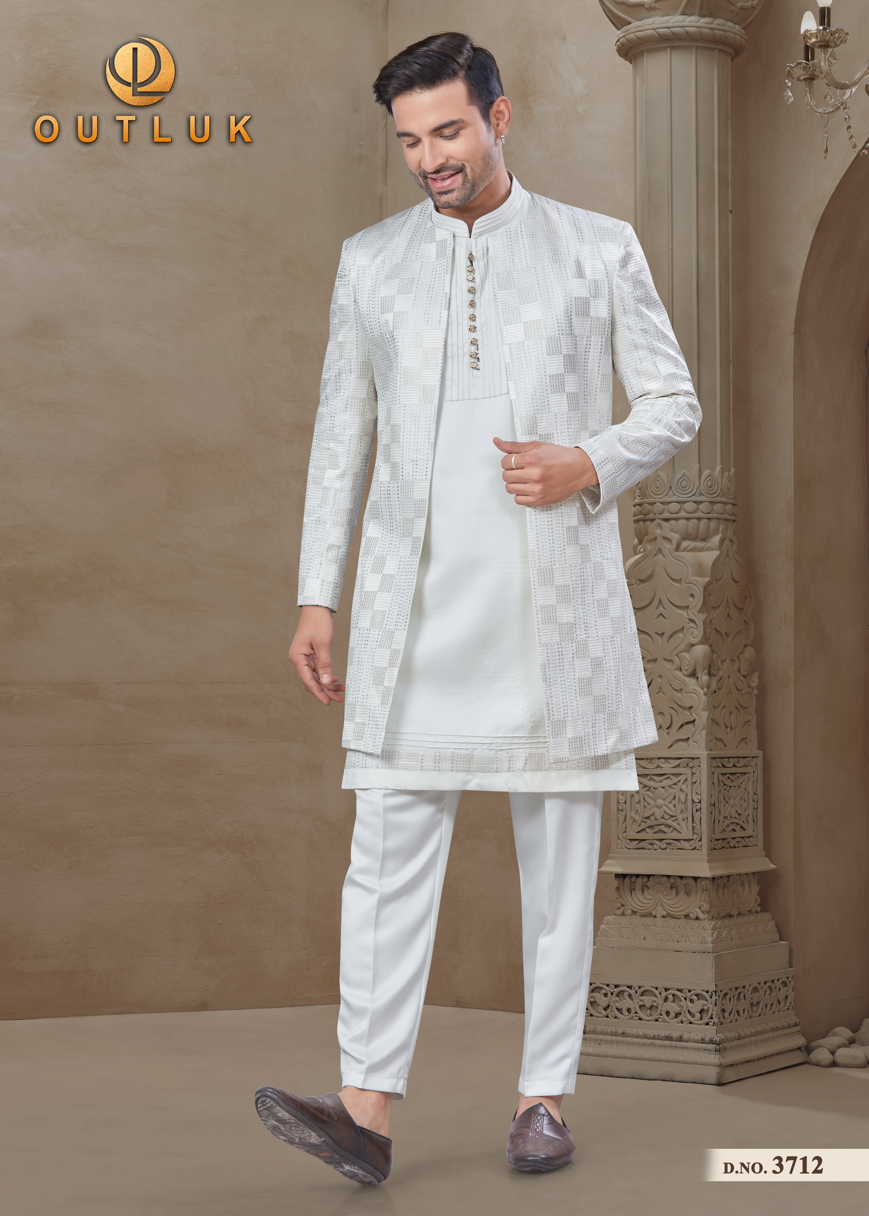 White Silk Mens Indo Western 3712