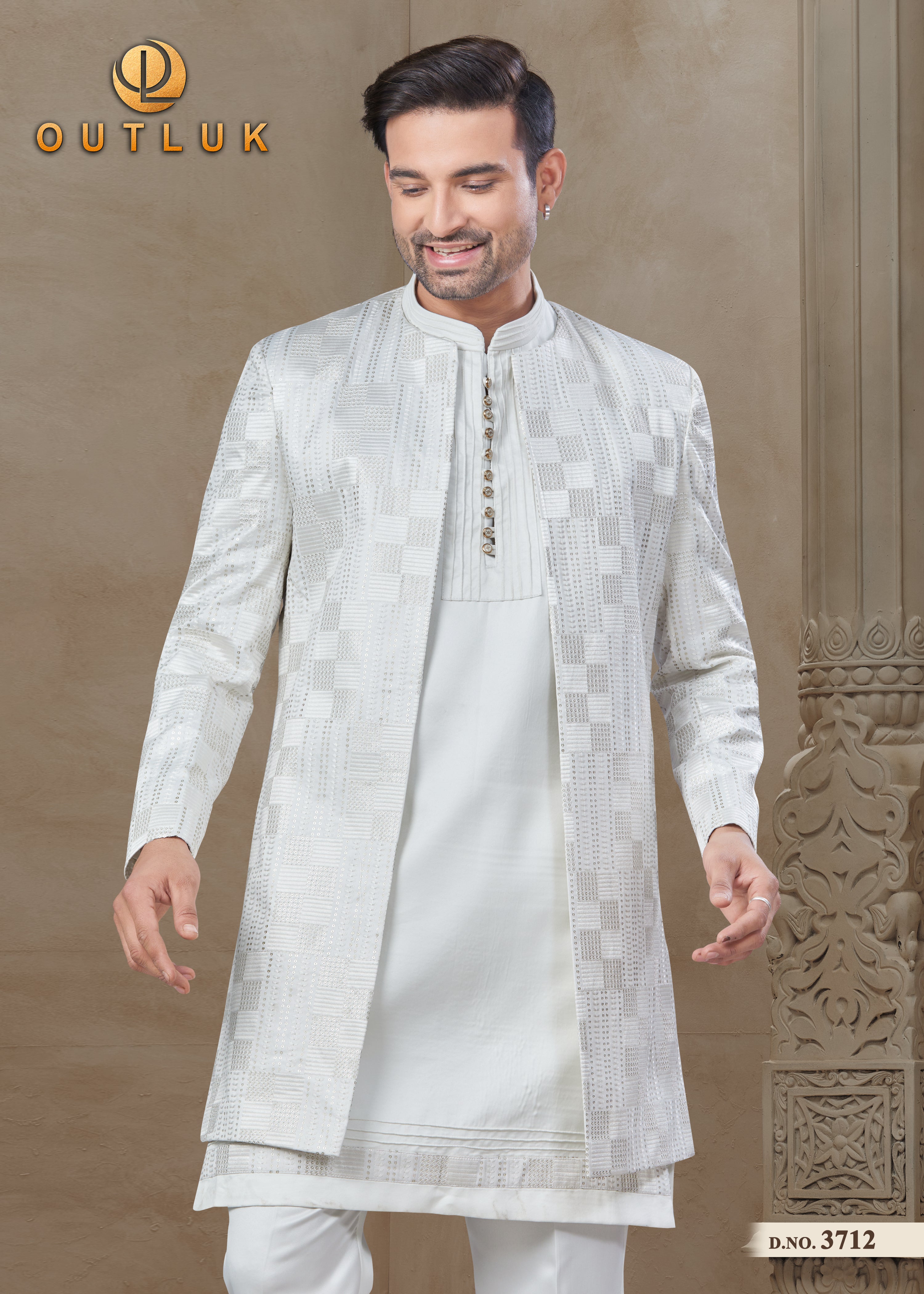 White Silk Mens Indo Western 3712