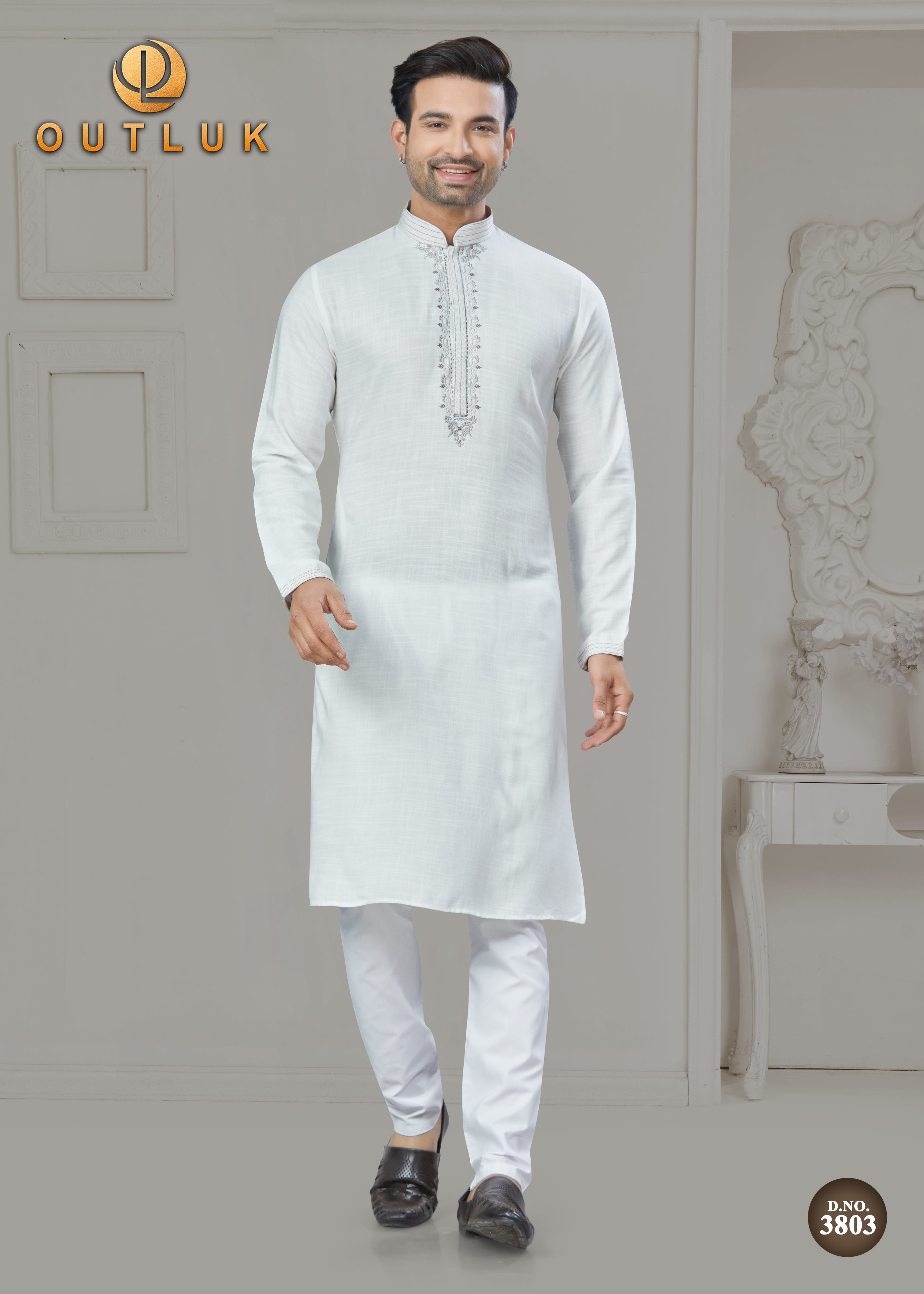 White Cotton Mens Kurta Pajama 3803