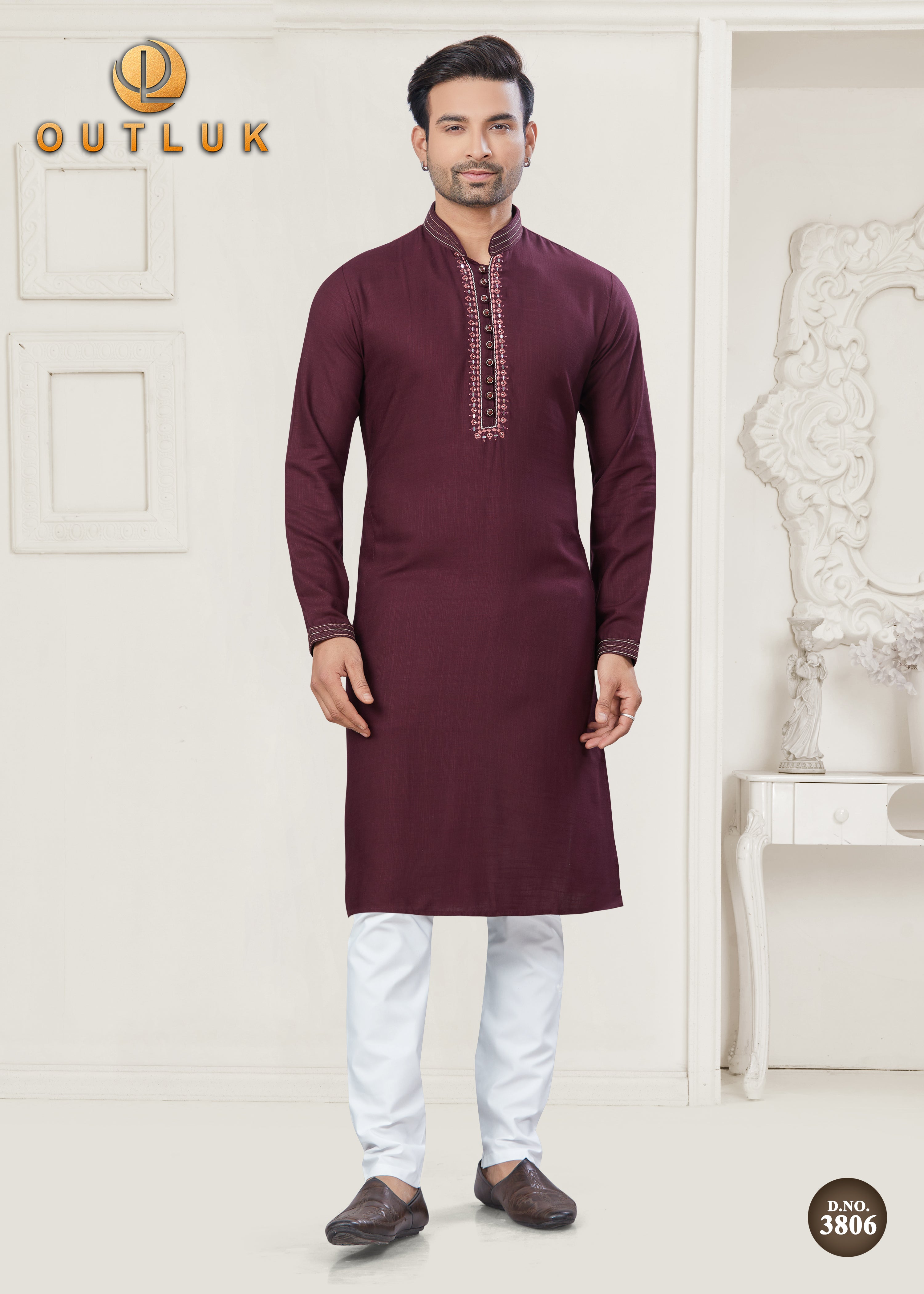 Maroon Cotton Mens Kurta Pajama 3806