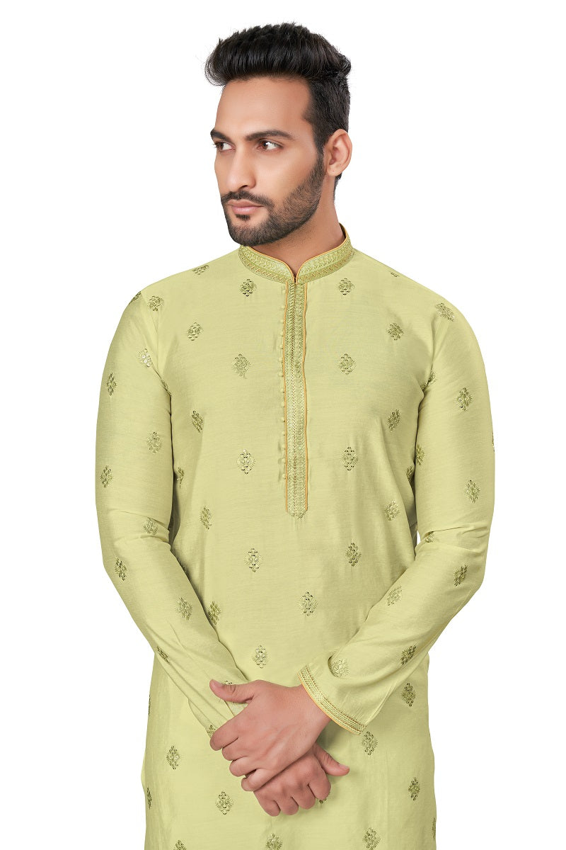 Lemon Cotton Silk Mens Kurta Pajama 128003