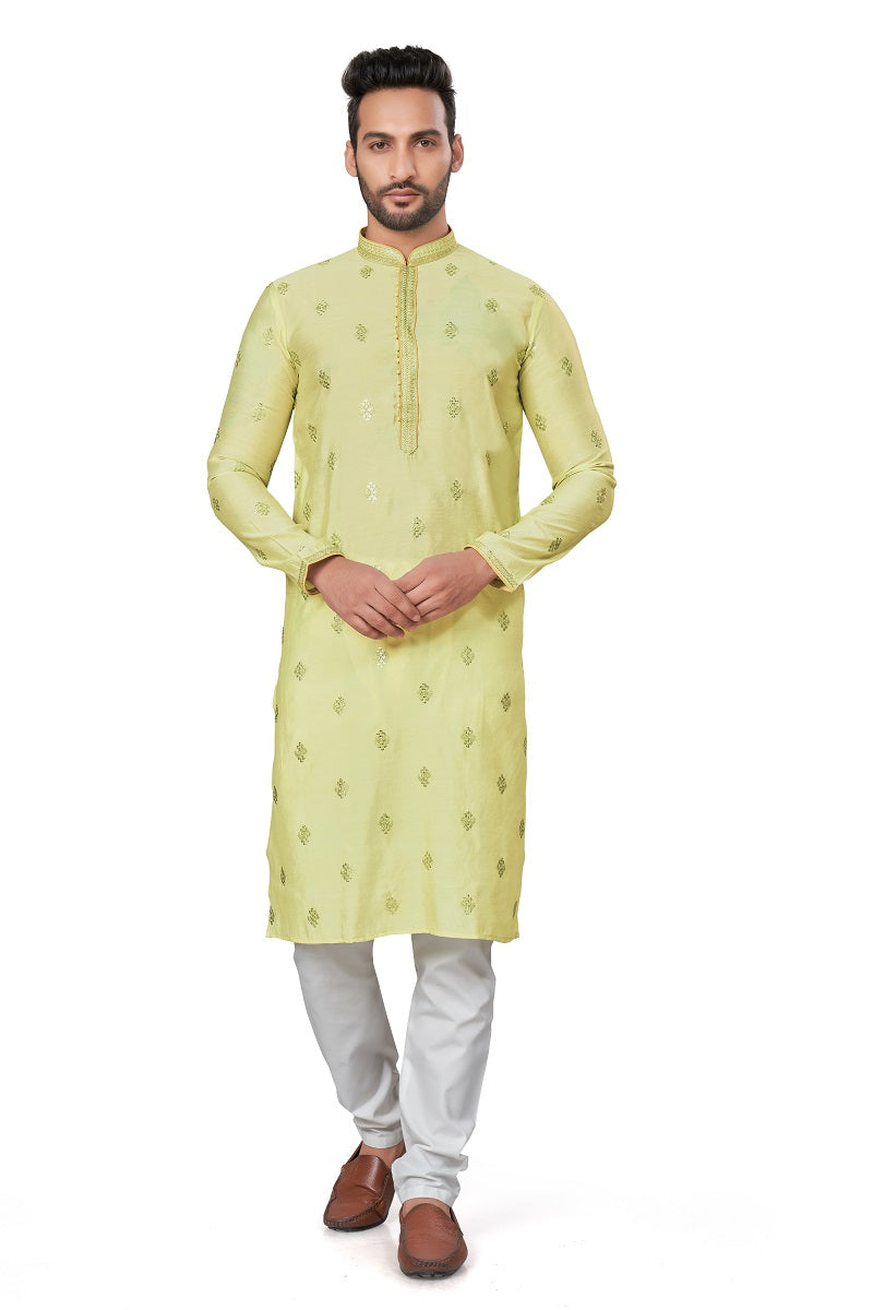 Lemon Cotton Silk Mens Kurta Pajama 128003