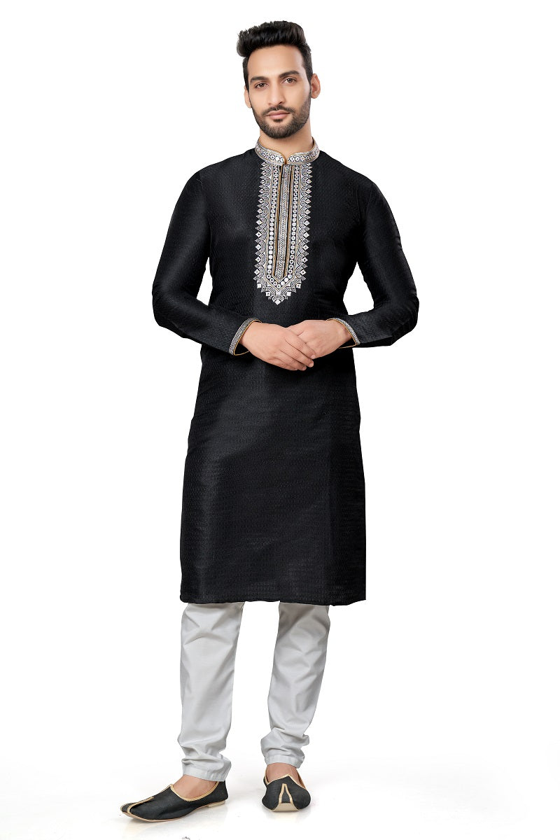 Black Silk Mens Kurta Pajama 129003