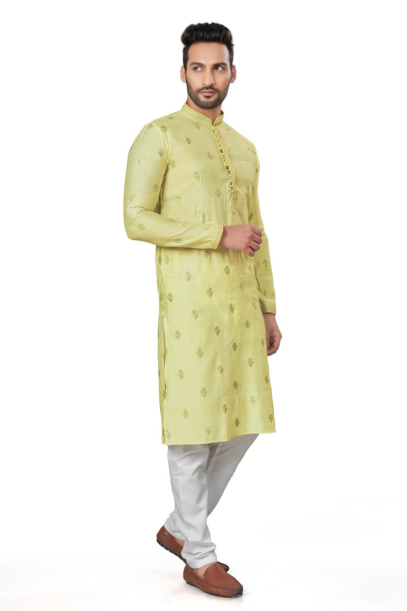 Lemon Cotton Silk Mens Kurta Pajama 128003