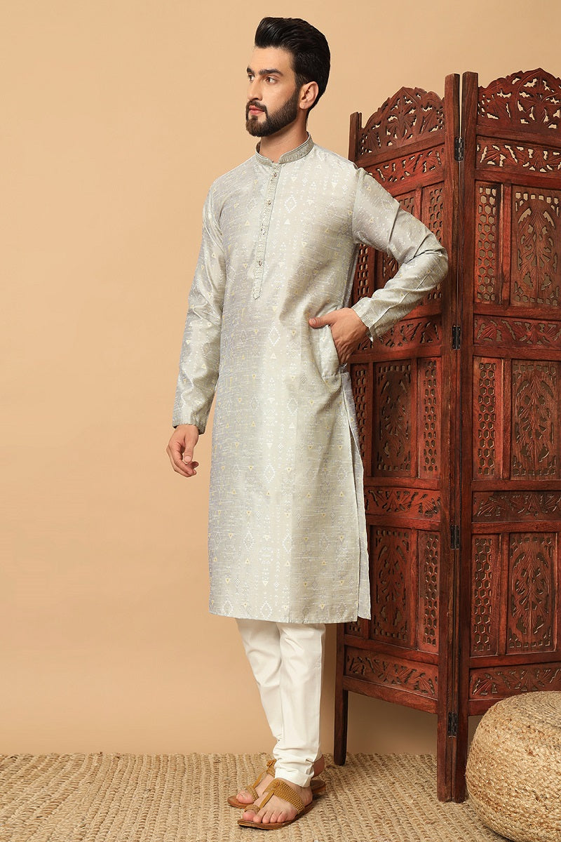 Grey And White Jacquard Mens Kurta Pajama 130003