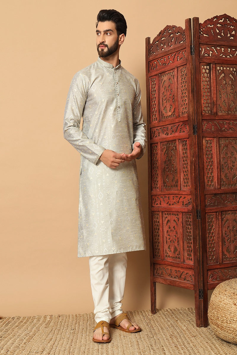 Grey And White Jacquard Mens Kurta Pajama 130003