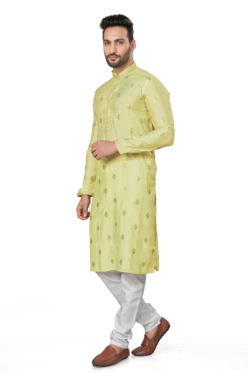 Lemon Cotton Silk Mens Kurta Pajama 128003