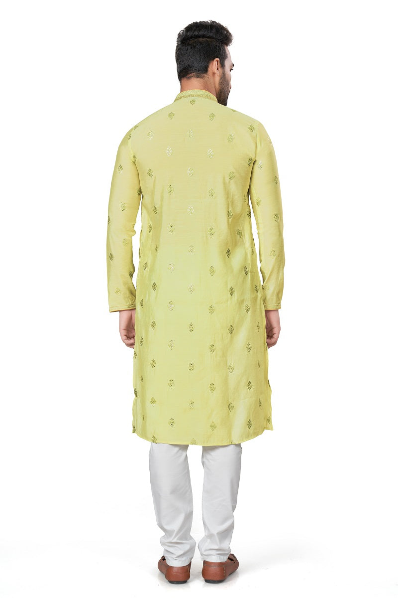 Lemon Cotton Silk Mens Kurta Pajama 128003