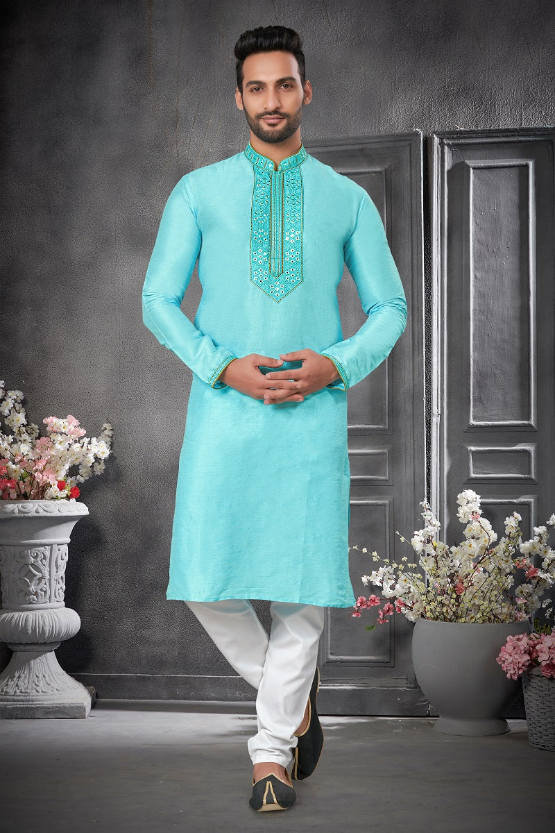 Sky Blue Silk Mens Kurta Pajama 125003