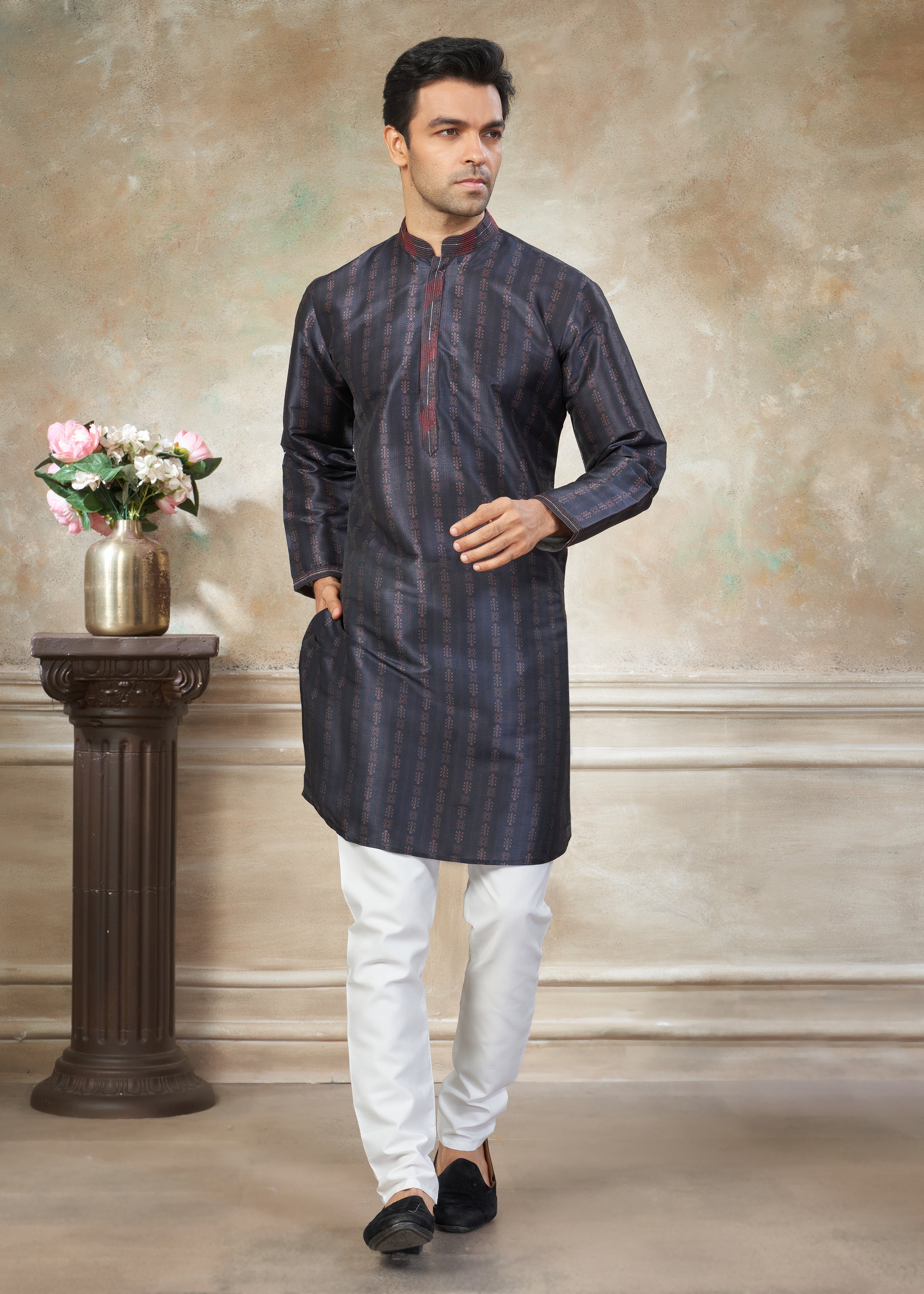 Navy Blue color Premium Silk Digital Print kurta with Raymond Cotton Pajama 40002