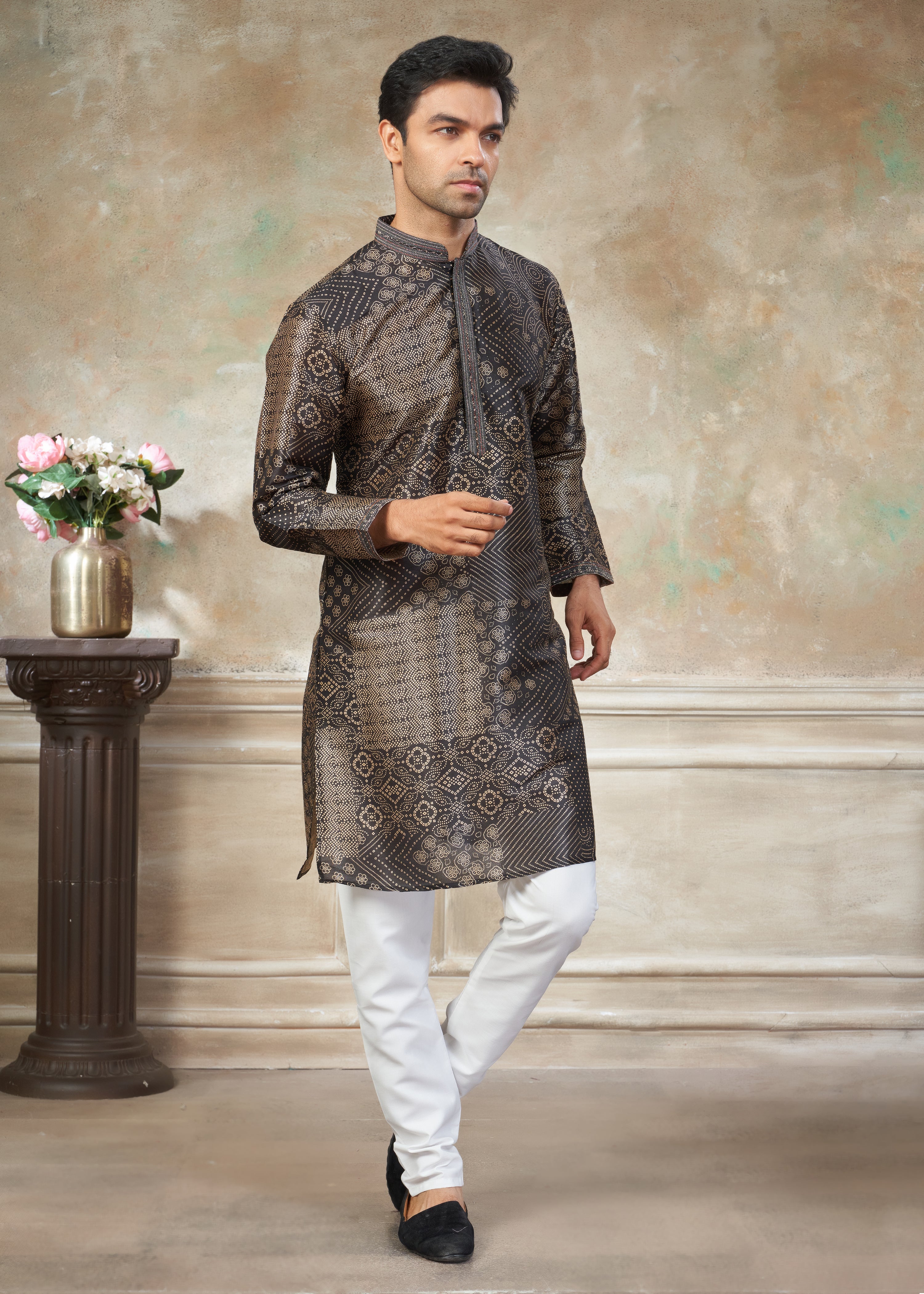 Black color Premium Silk Digital Print kurta with Raymond Cotton Pajama 40003