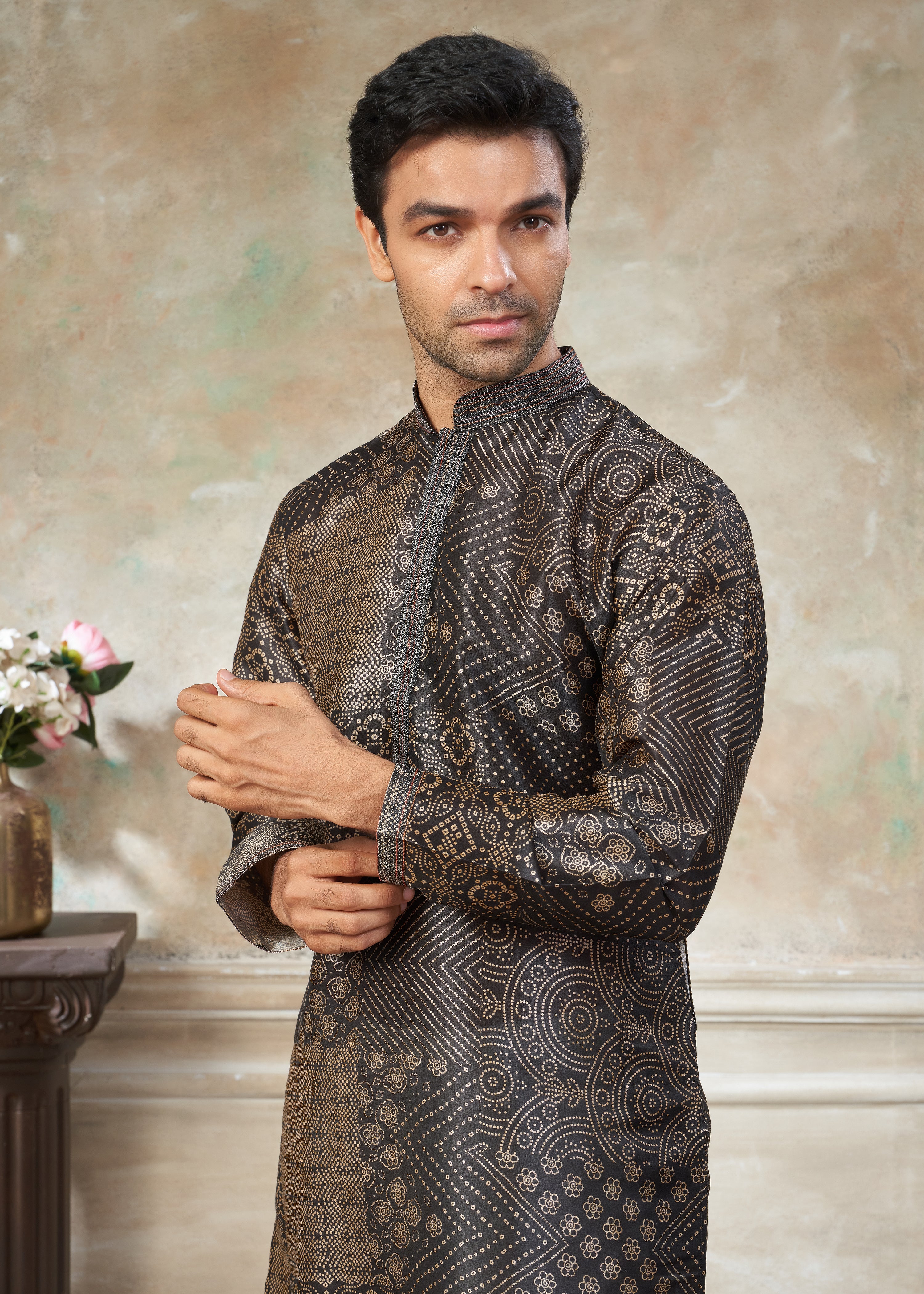 Black color Premium Silk Digital Print kurta with Raymond Cotton Pajama 40003