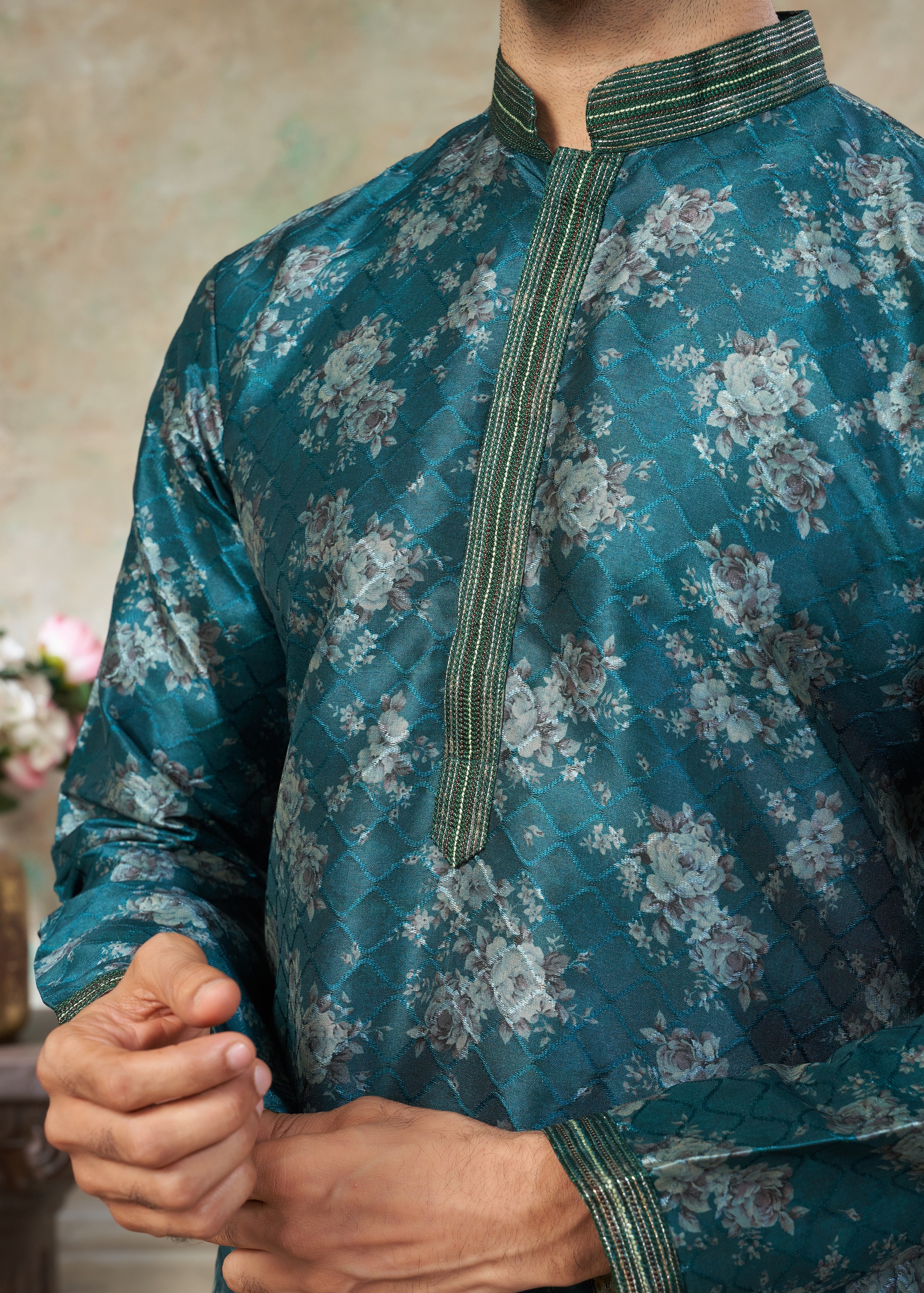 Teal blue color Premium Silk Digital Print kurta with Raymond Cotton Pajama 40004