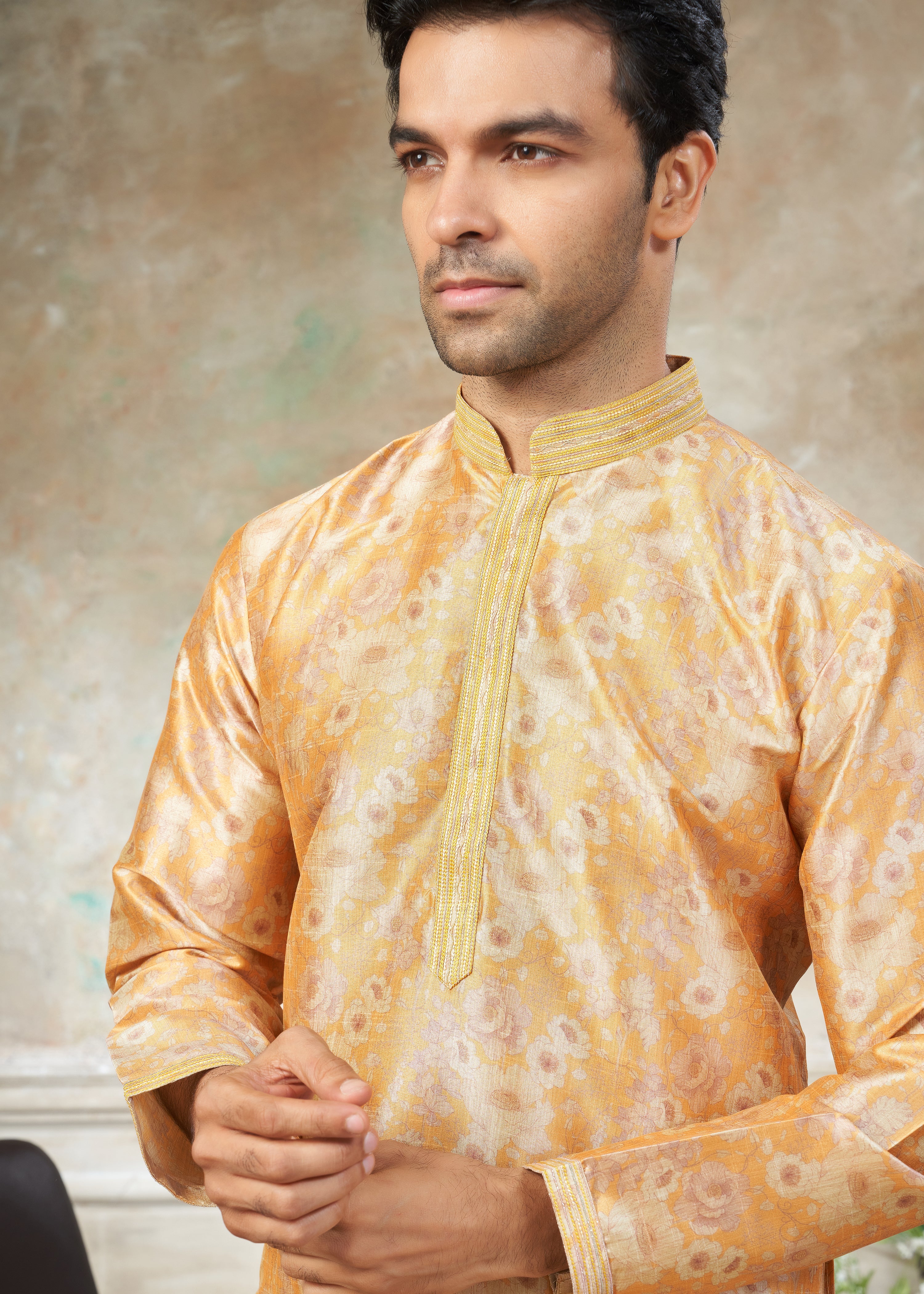 Yellow color Premium Silk Digital Print kurta with Raymond Cotton Pajama 40007
