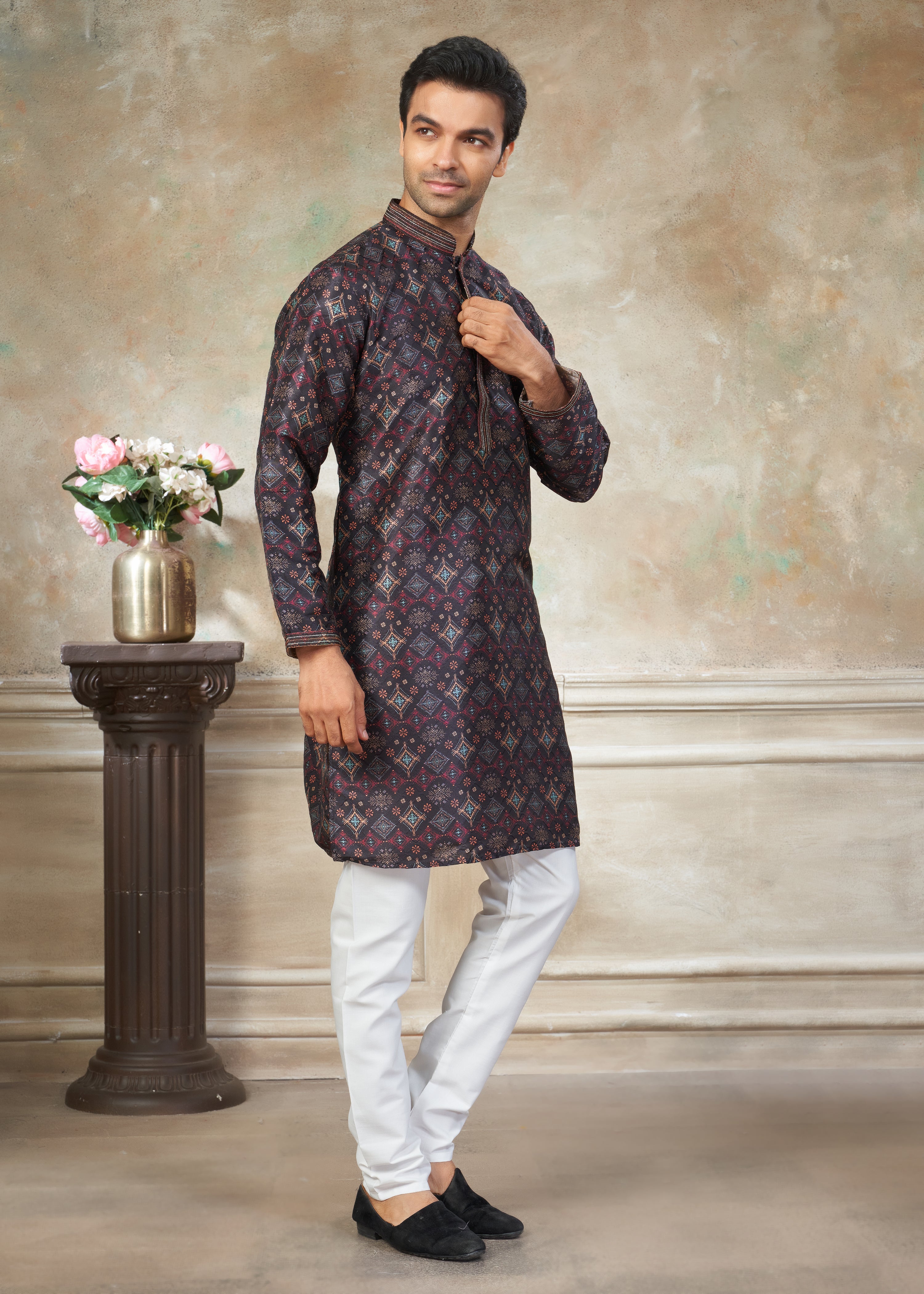 Black silk with digital print Menswear kurta Pajama 41001