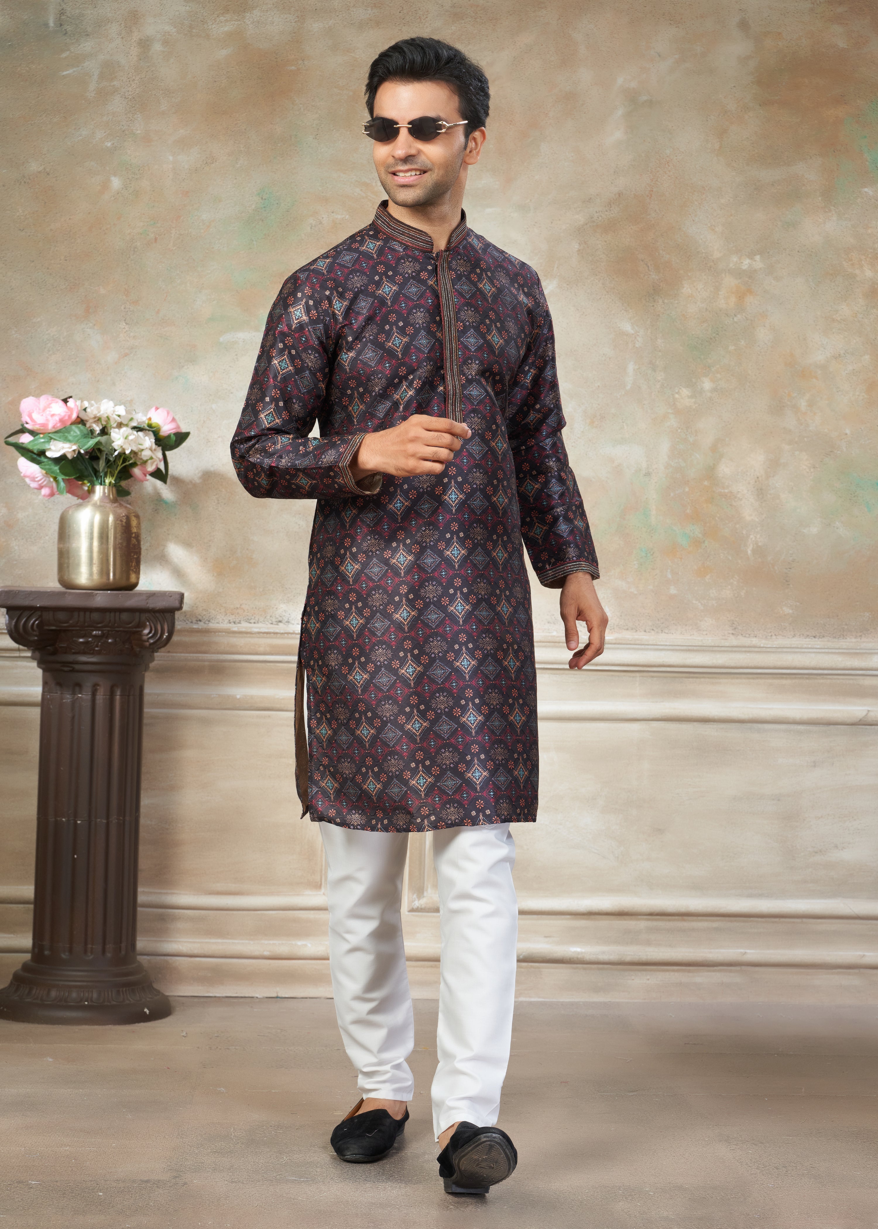 Black silk with digital print Menswear kurta Pajama 41001