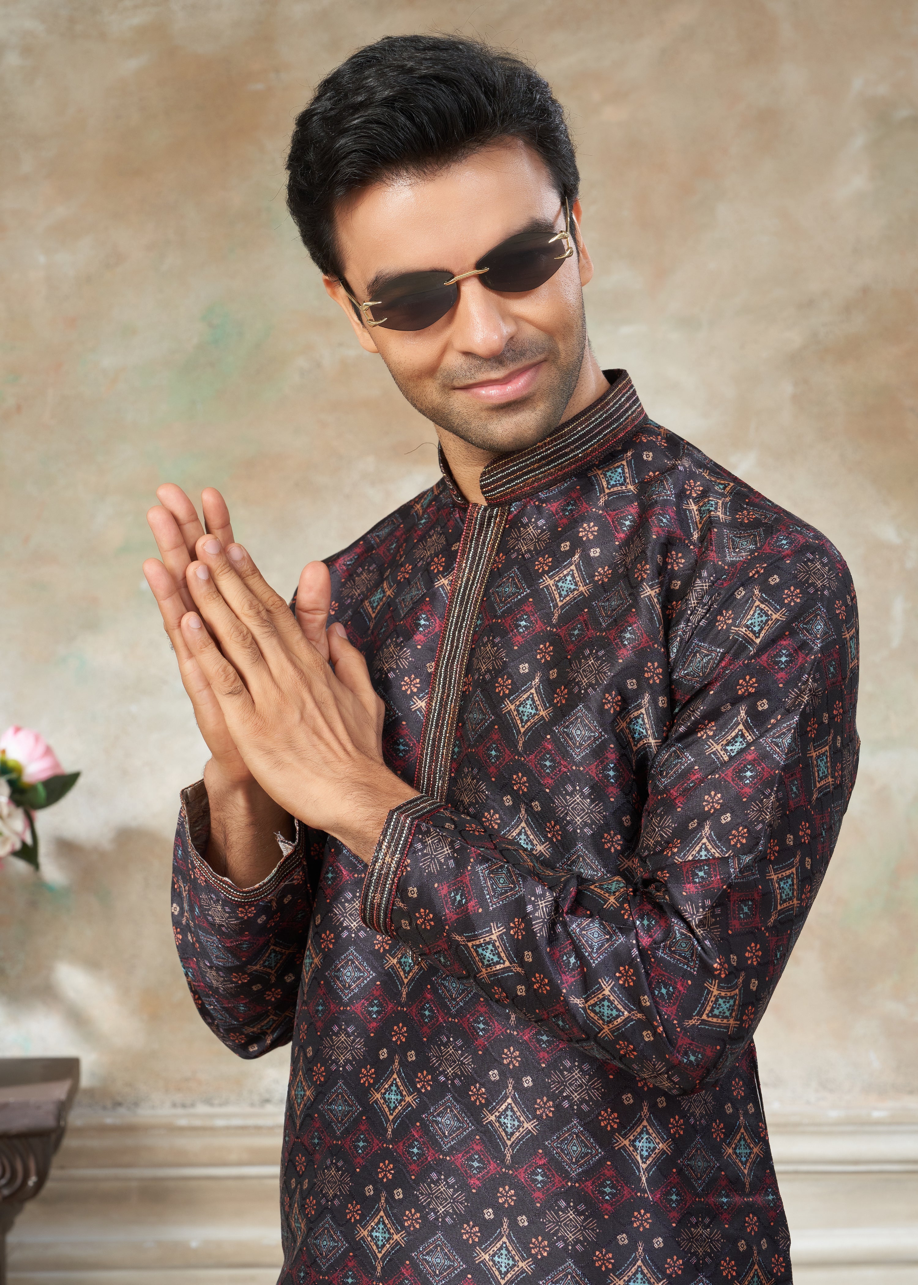Black silk with digital print Menswear kurta Pajama 41001