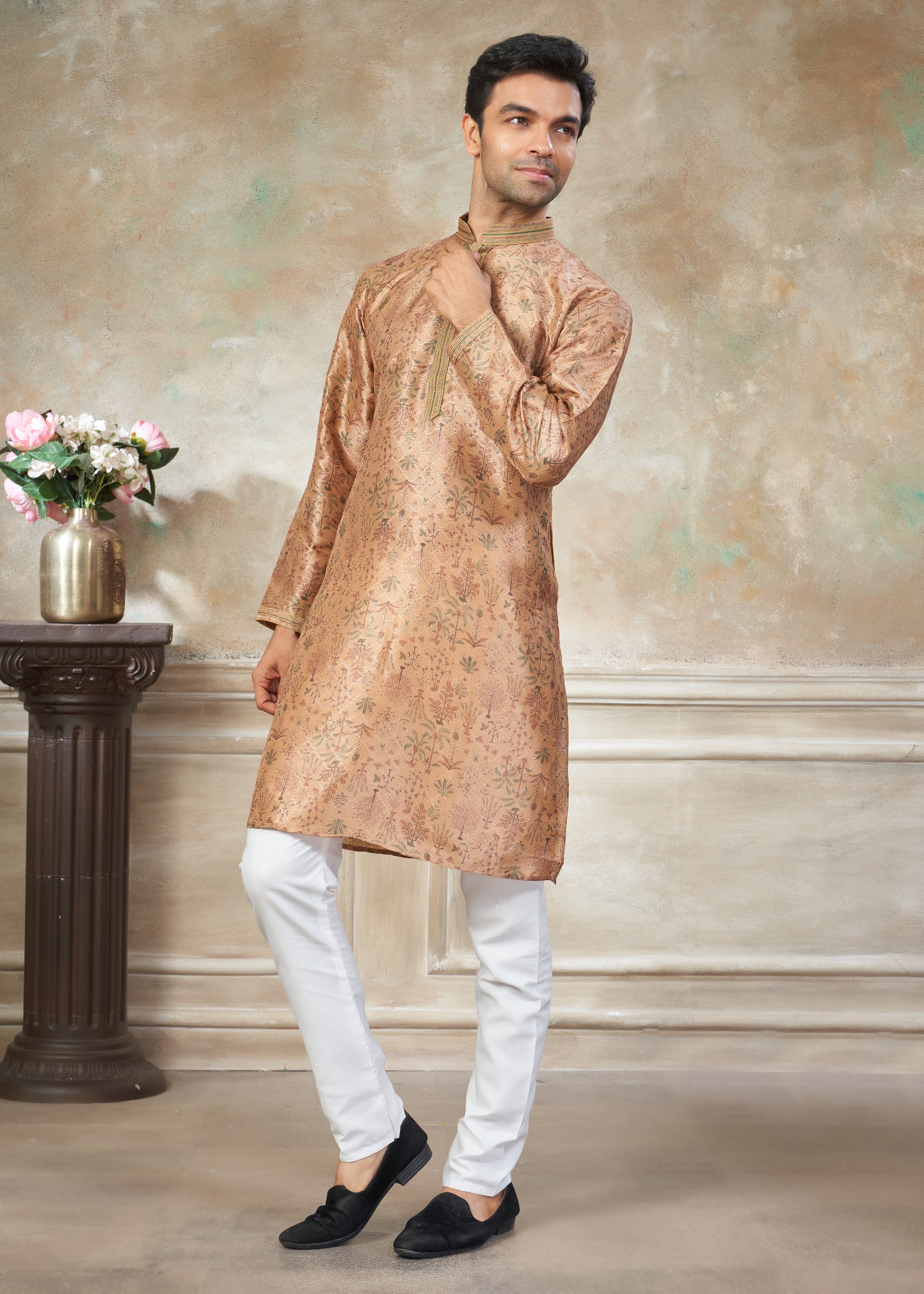 Peach silk with digital print Menswear kurta Pajama 41002
