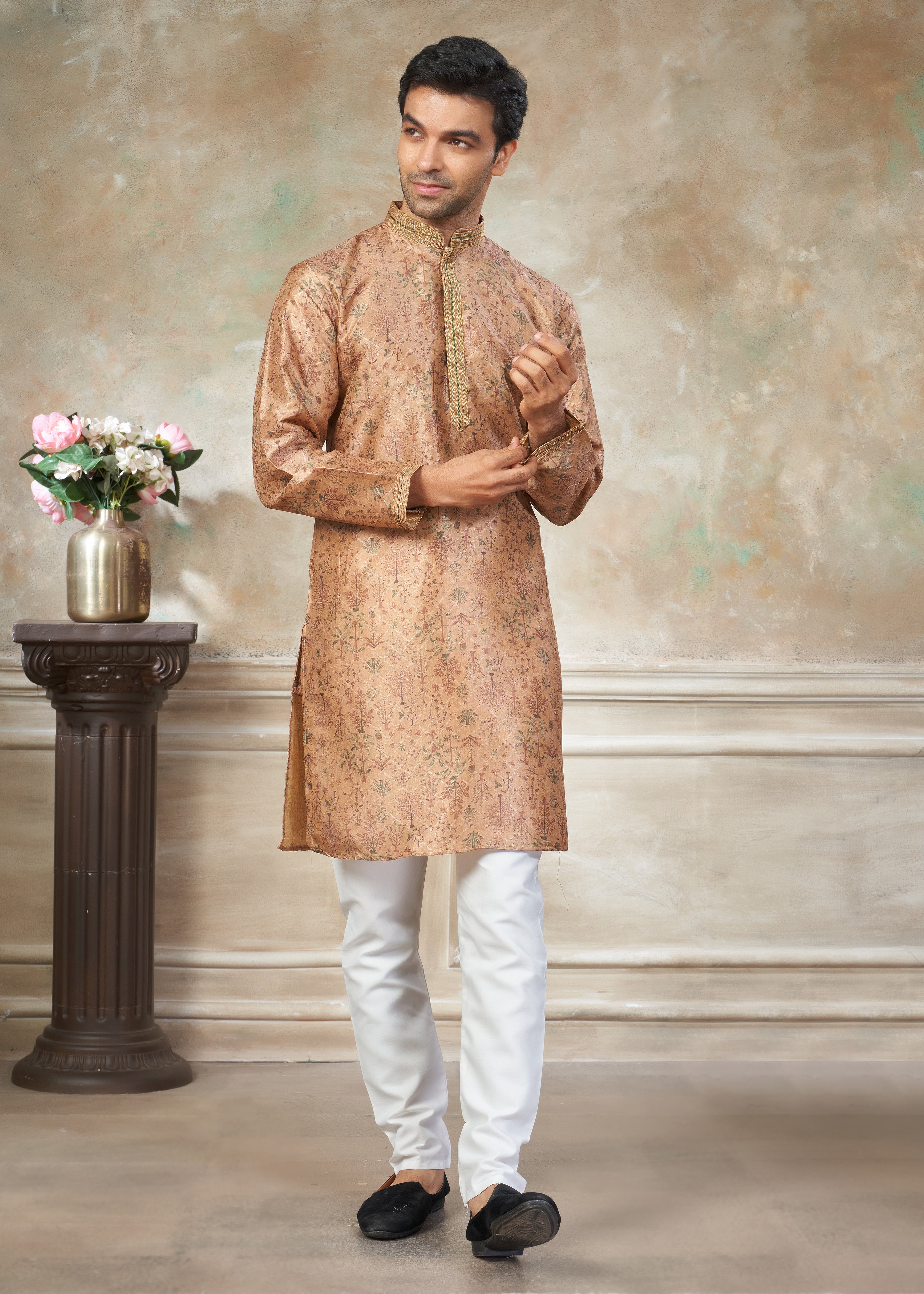 Peach silk with digital print Menswear kurta Pajama 41002
