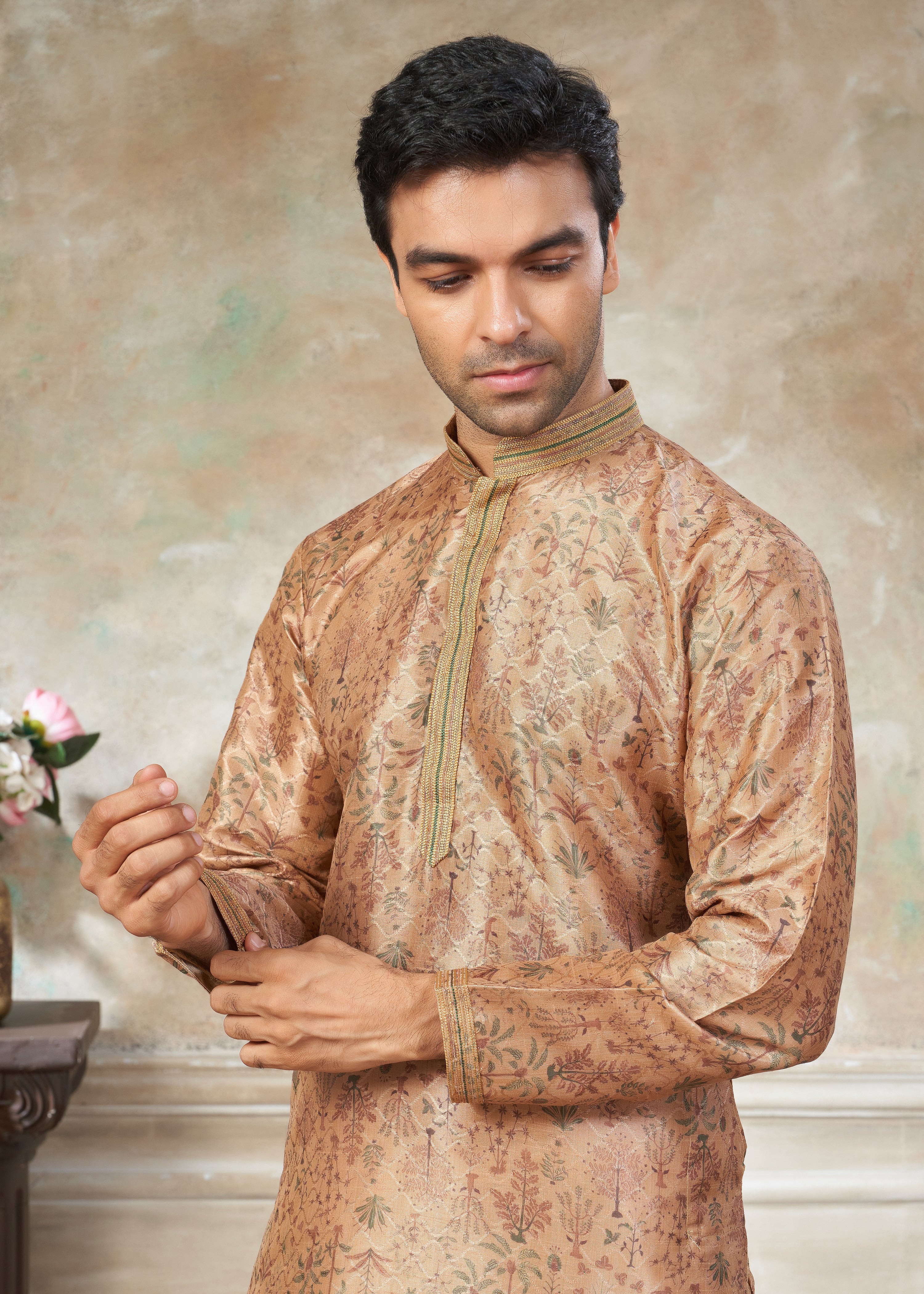 Peach silk with digital print Menswear kurta Pajama 41002