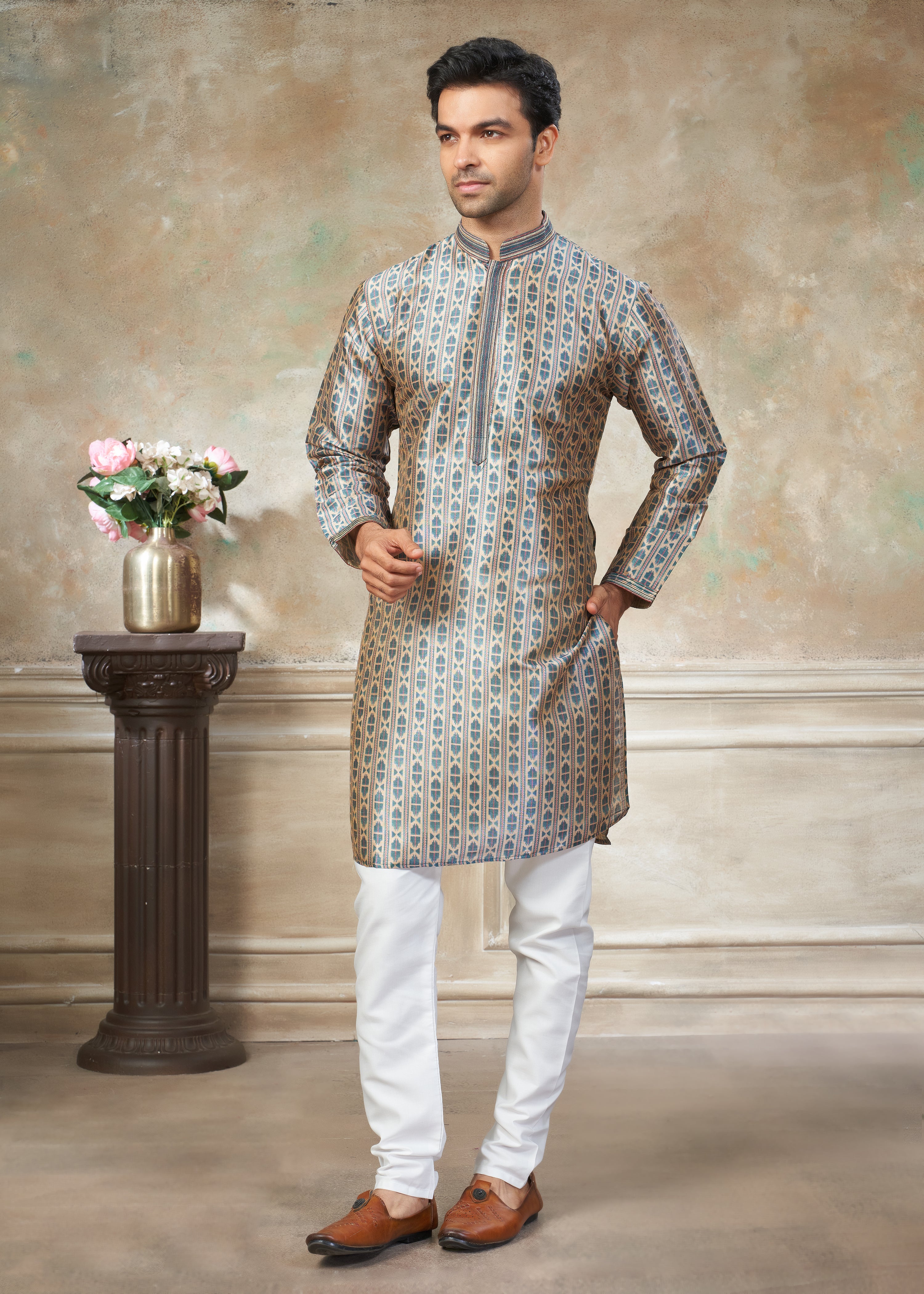 Beige silk with digital print Menswear kurta Pajama 41003