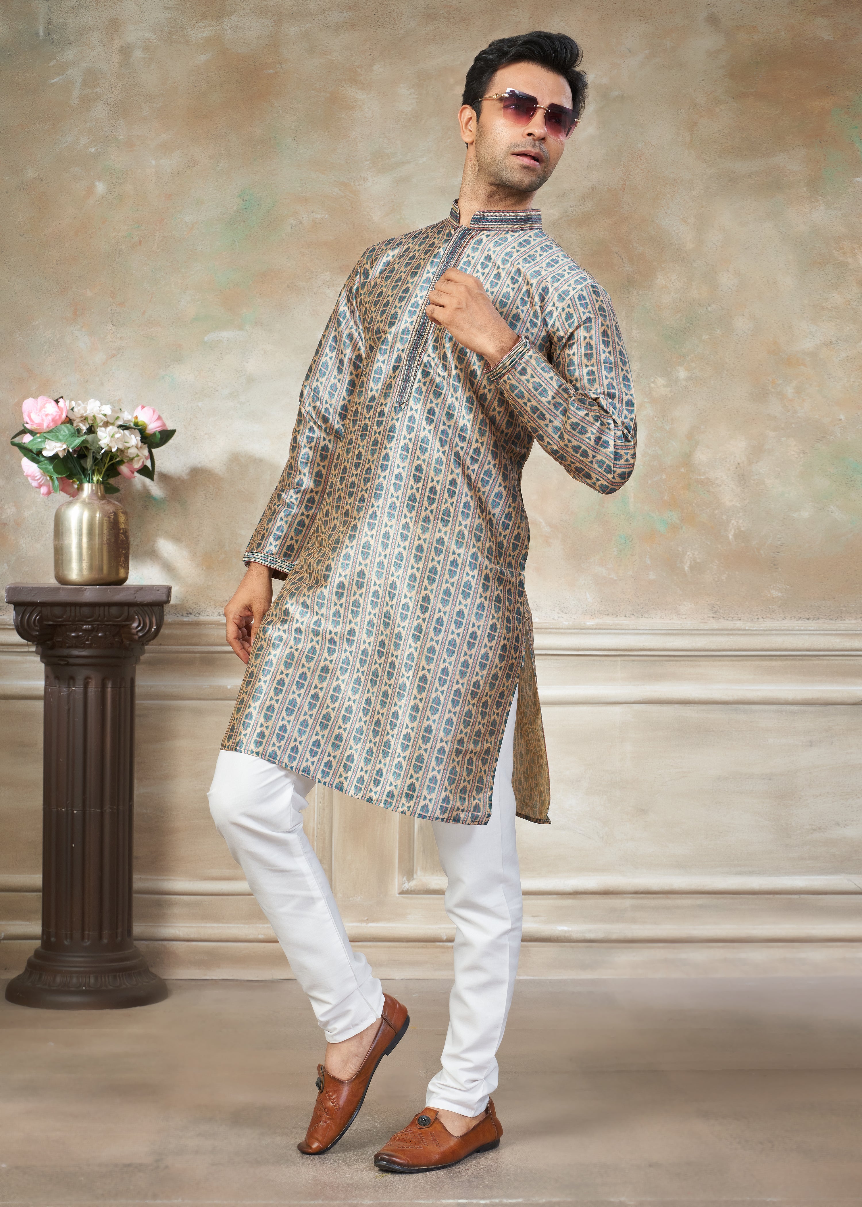 Beige silk with digital print Menswear kurta Pajama 41003