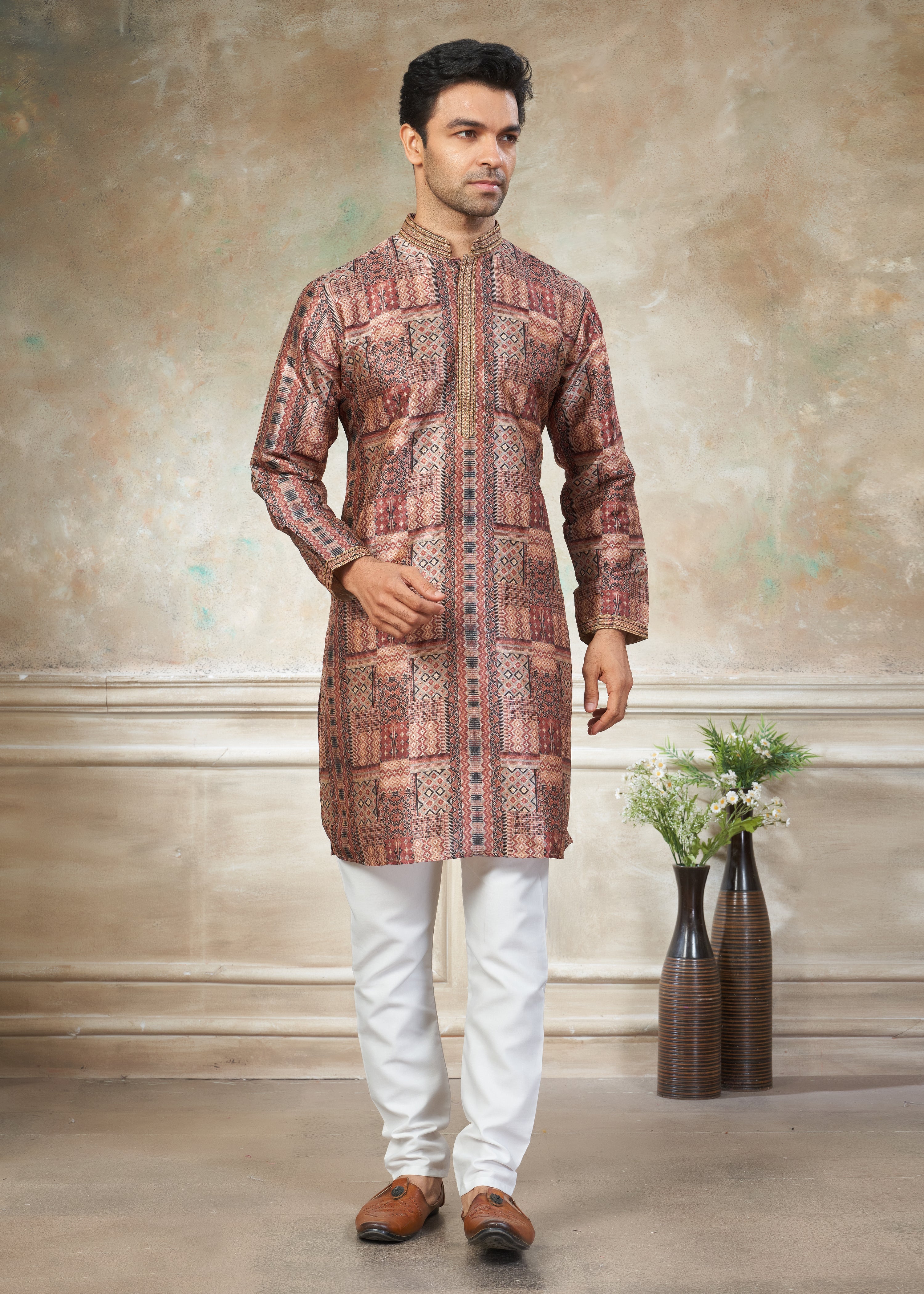 Brown silk with digital print Menswear kurta Pajama 41004