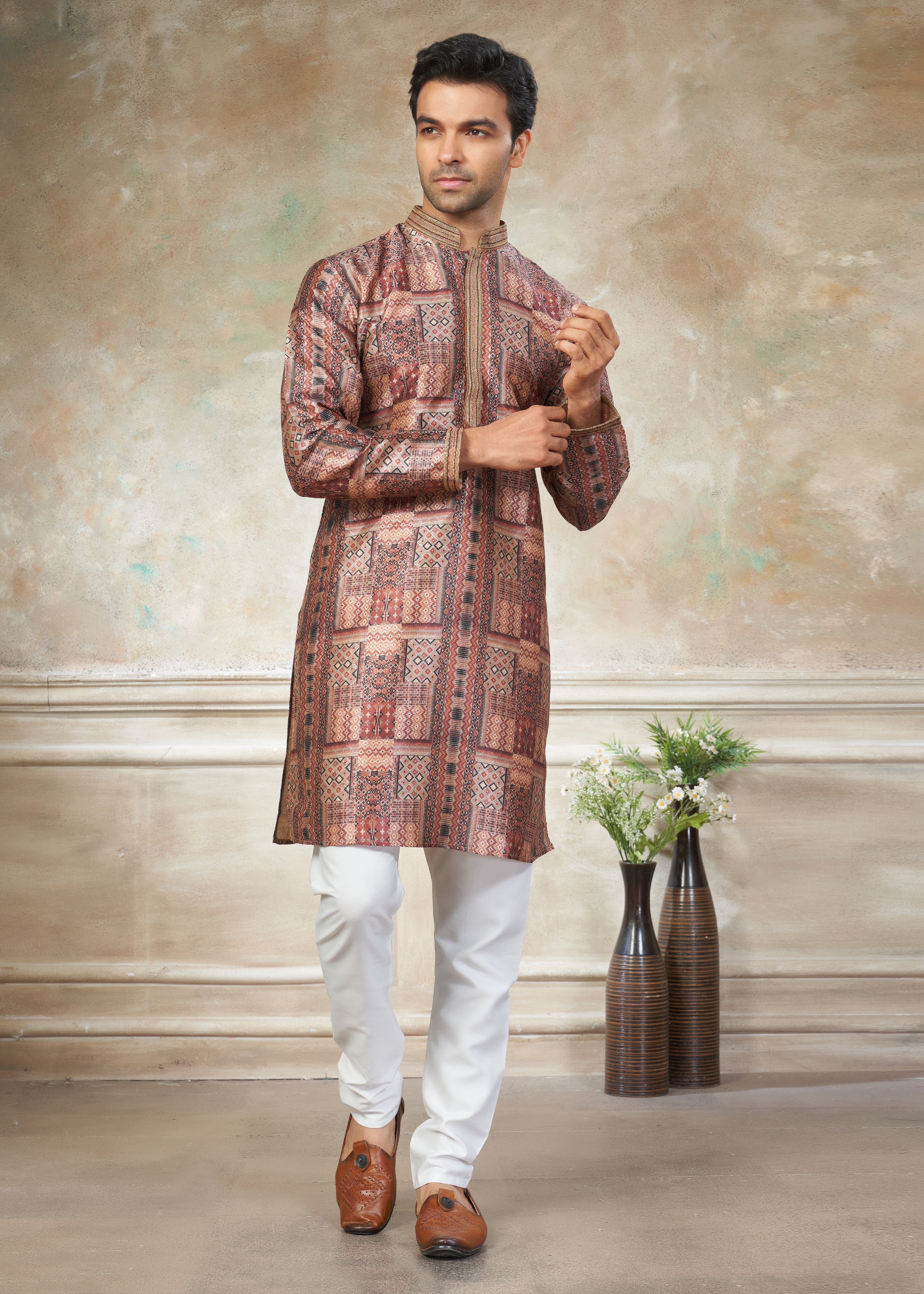 Brown silk with digital print Menswear kurta Pajama 41004