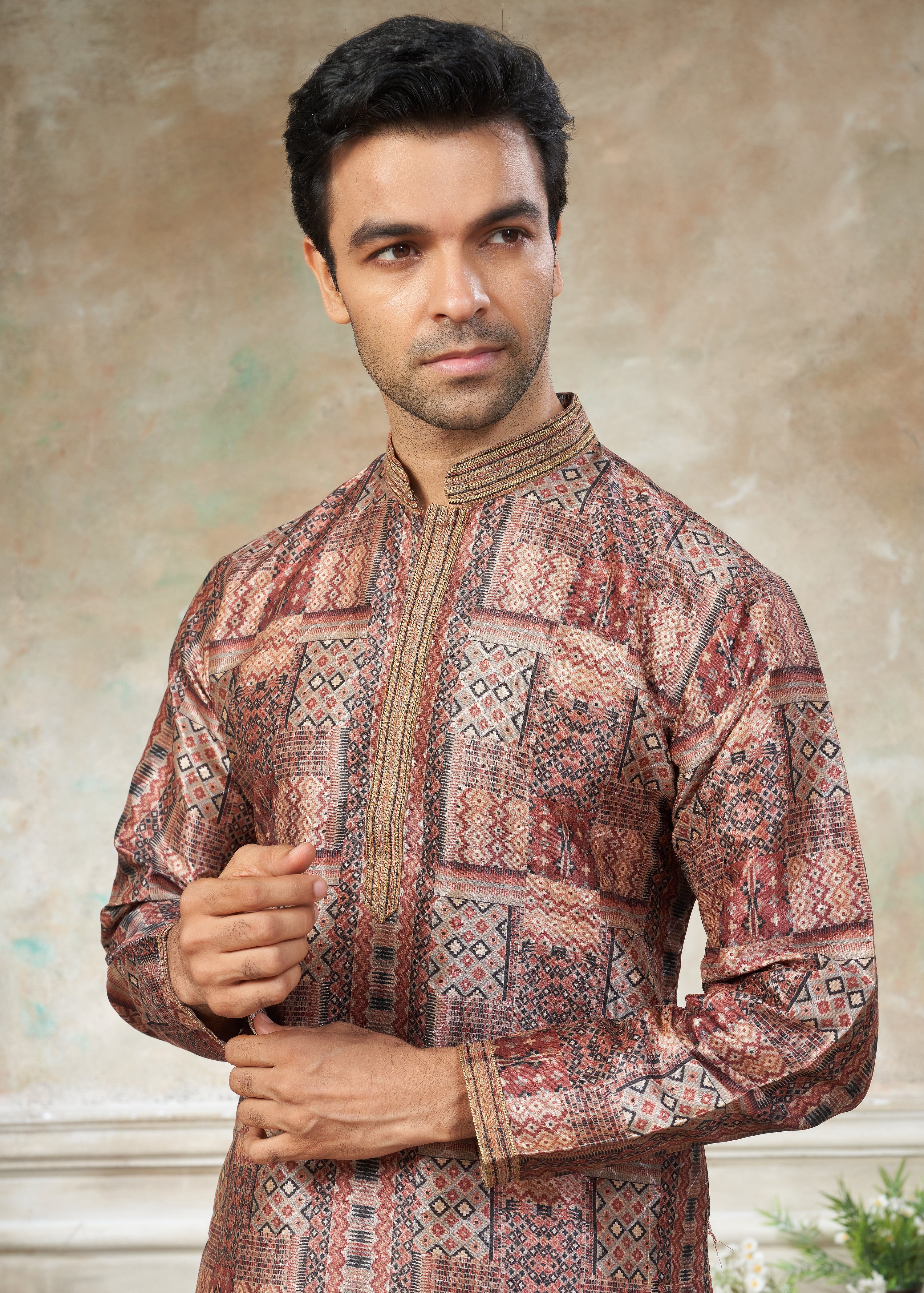 Brown silk with digital print Menswear kurta Pajama 41004