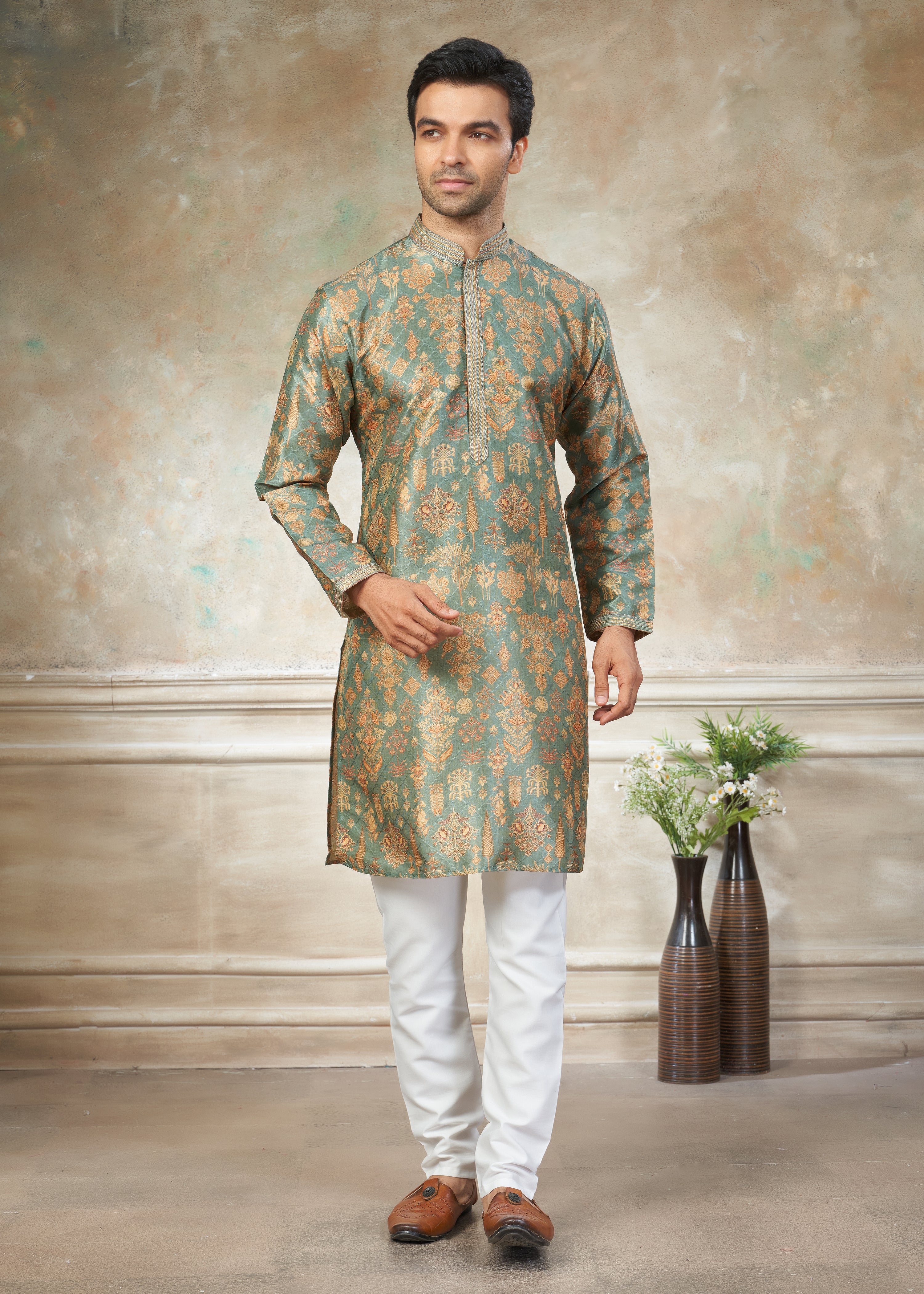 Green silk with digital print Menswear kurta Pajama 41005