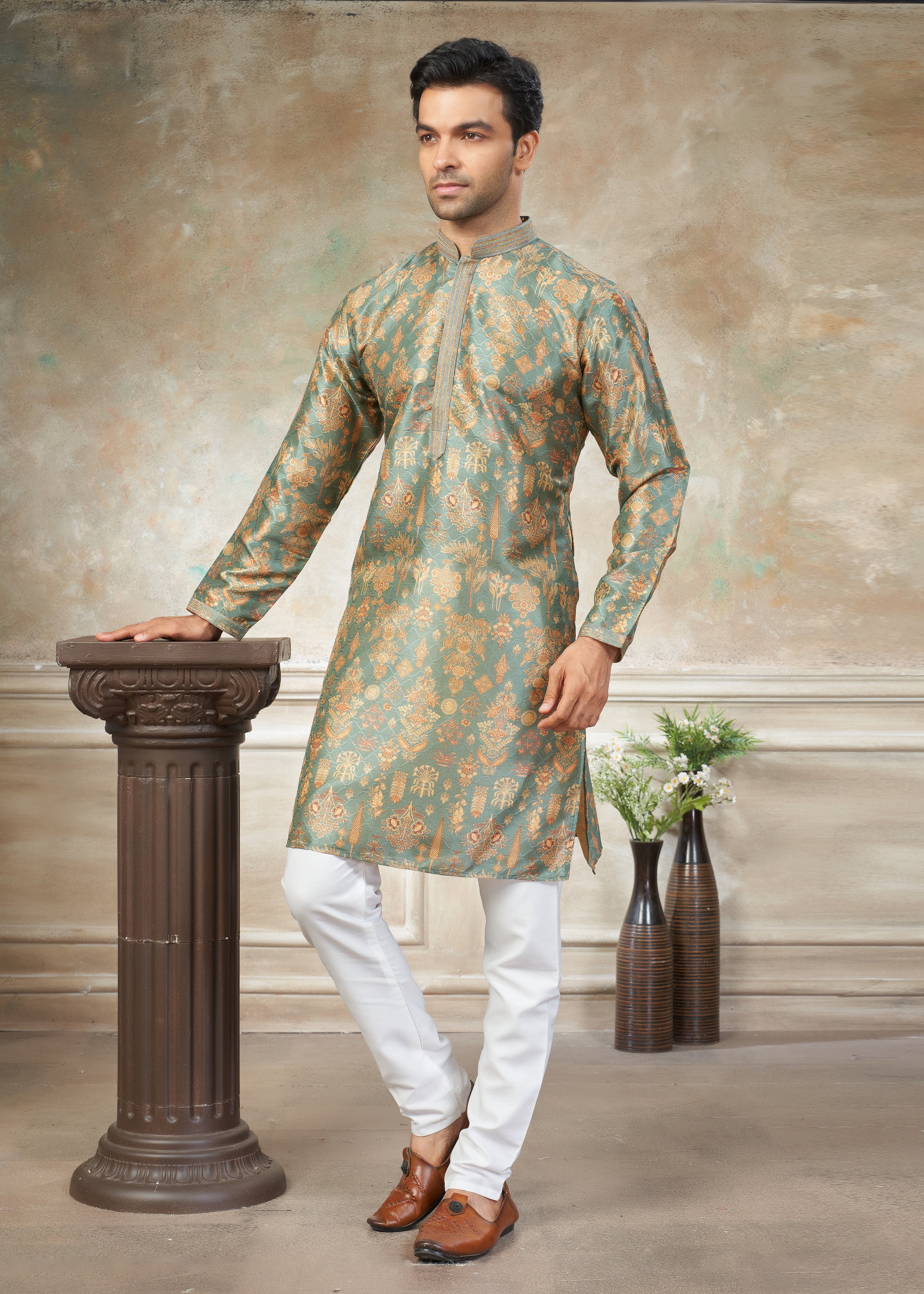 Green silk with digital print Menswear kurta Pajama 41005