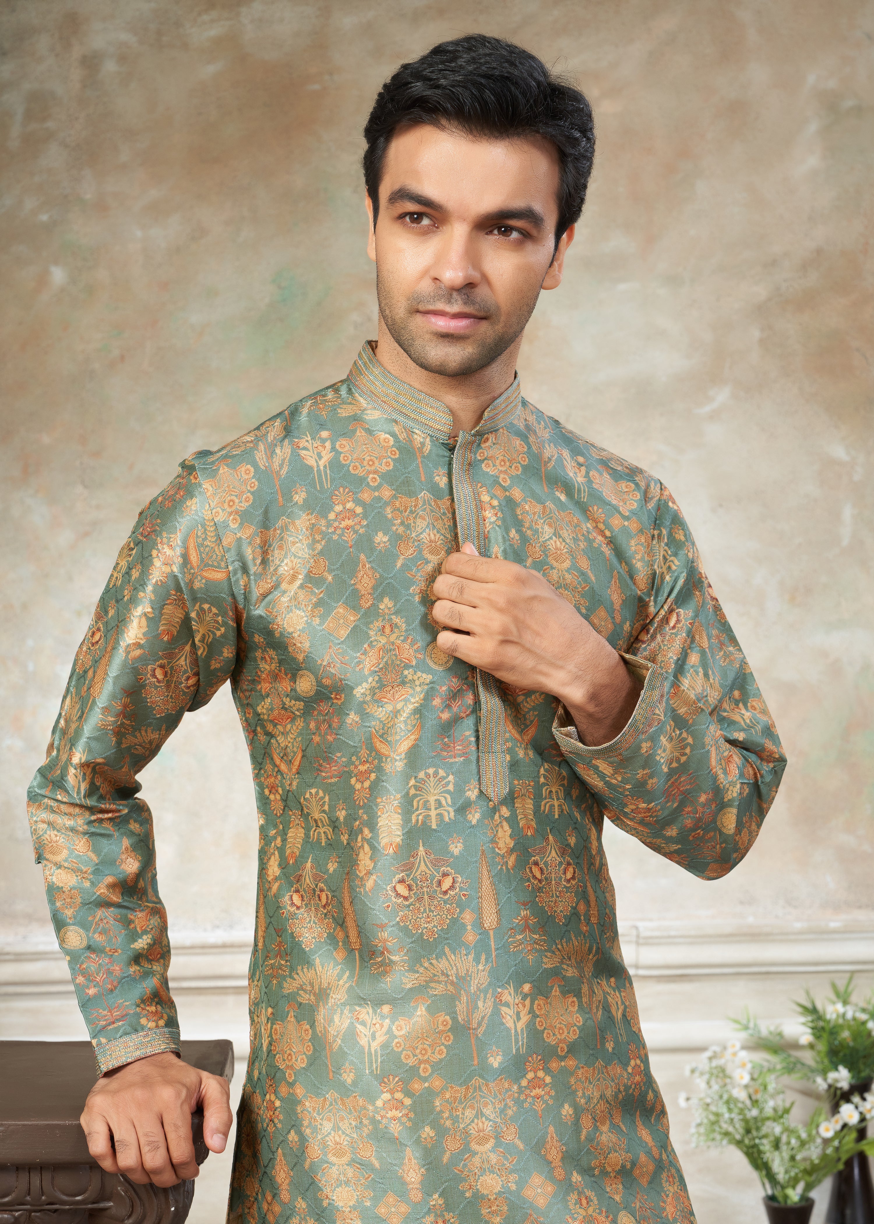 Green silk with digital print Menswear kurta Pajama 41005