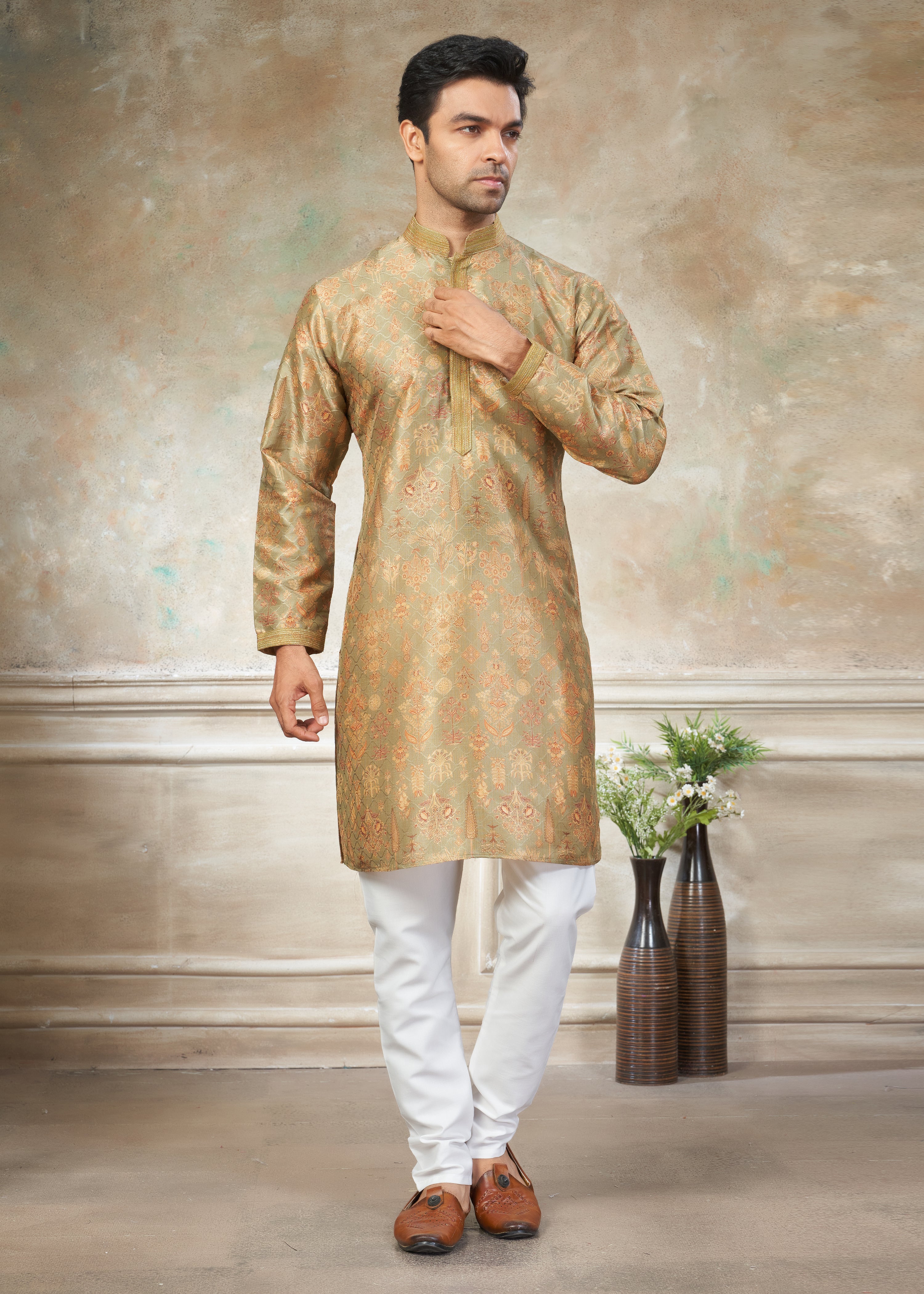 Gloden silk with digital print Menswear kurta Pajama 41006