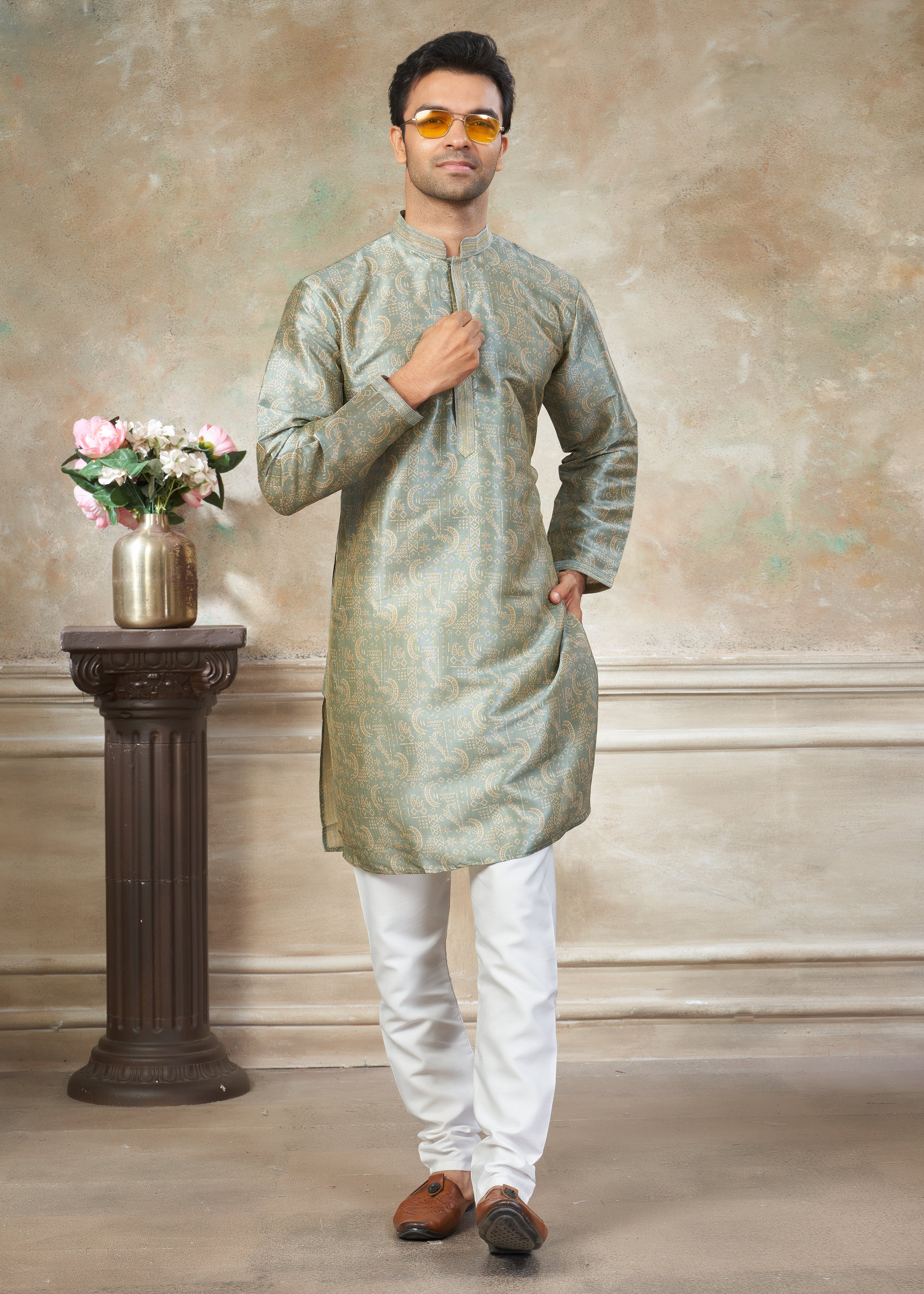 CEA Blue silk with digital print Menswear kurta Pajama 41007