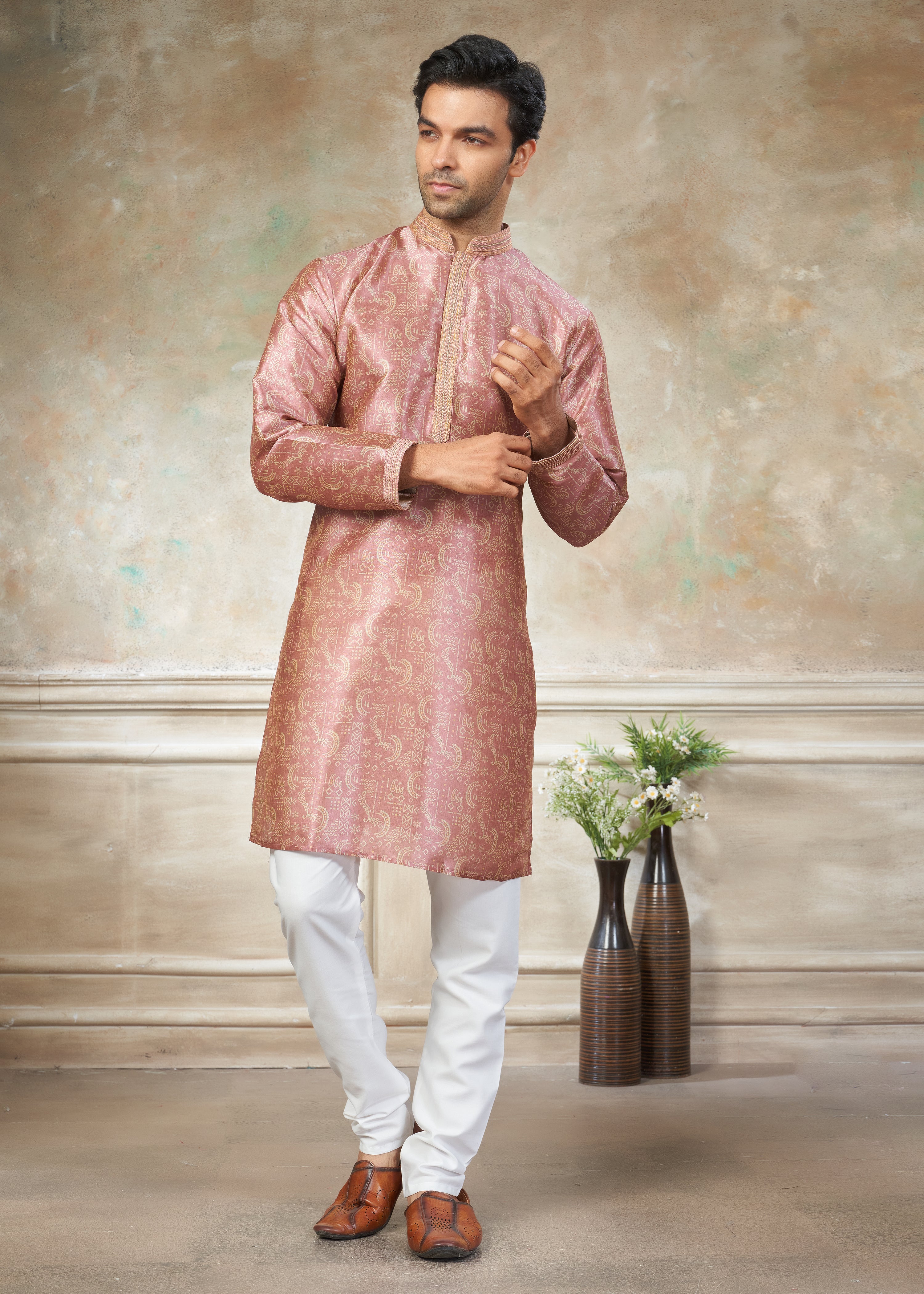 Peach silk with digital print Menswear kurta Pajama 41008